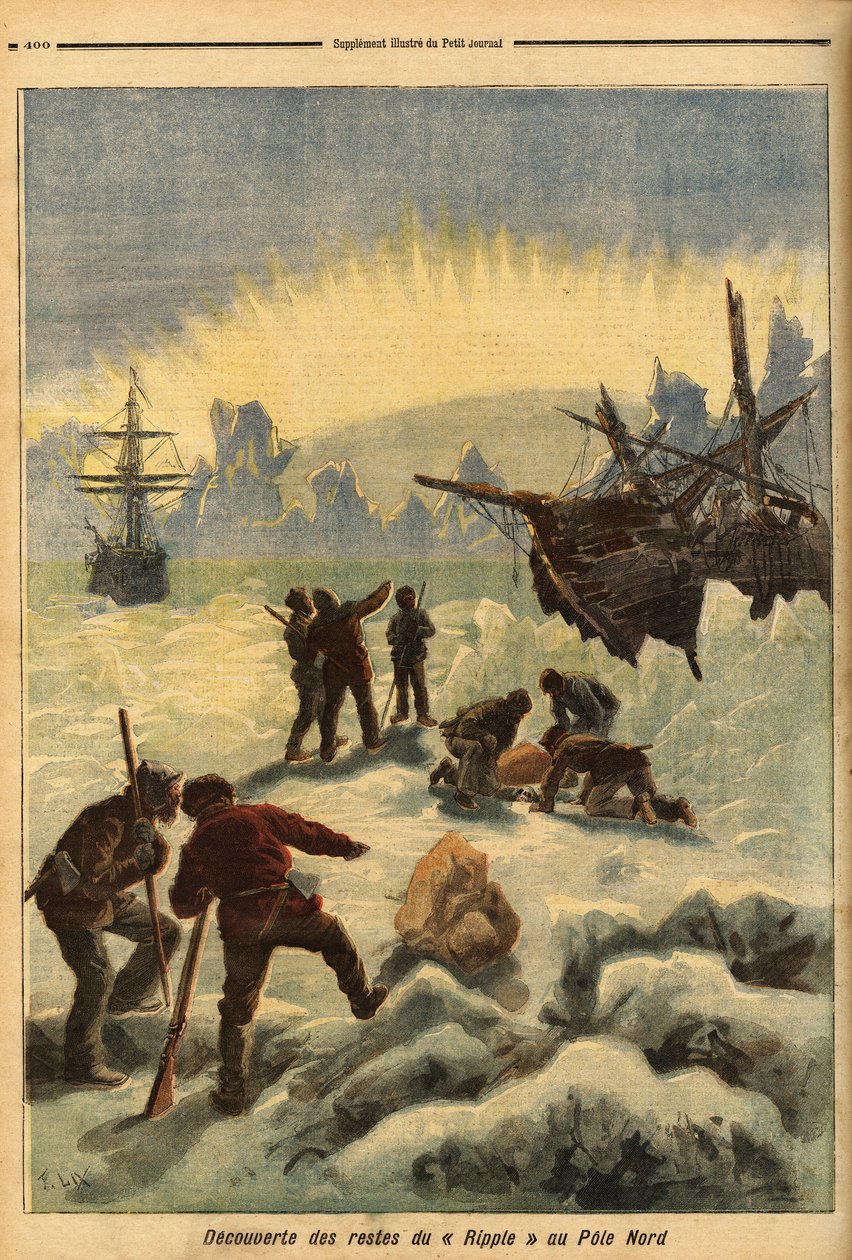 Ripplen (norjalaisen laivan) jäänteet löydettiin jäästä pohjoisnavalla. Kaiverrus "" Le petit Journal" -lehdessä 16/12/1893. Selvan kokoelma. tekijältä Unknown artist