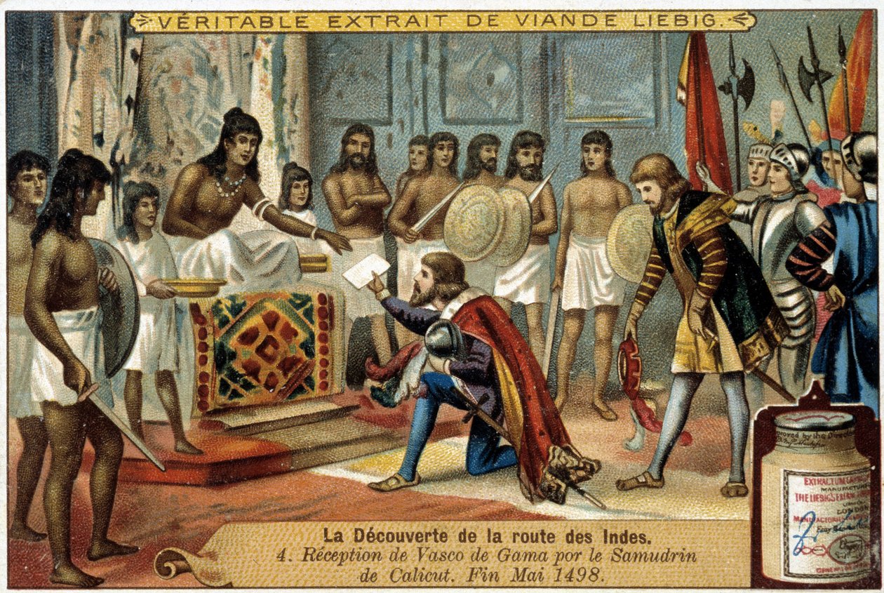Intian reitin löytäminen: Vasco da Gaman vastaanotto Calicutin Samudrinin toimesta, toukokuun lopussa 1498 - mainosvinjetti Liébig tekijältä Unknown artist