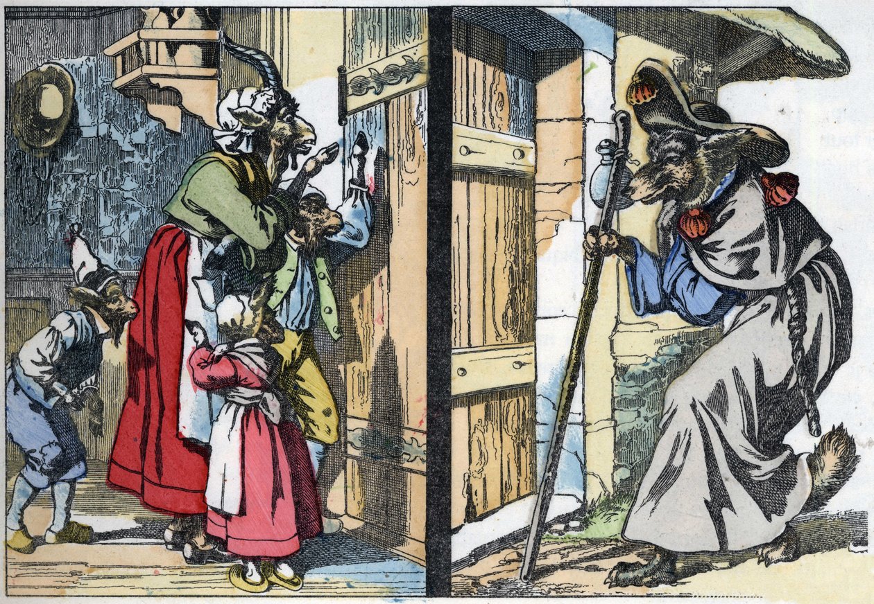Naamiaissusi koputtaa talon oveen vuohen ja bikettien kanssa. Kuva tarinasta "Compere le Loup, Maitre Renard, Comere la Chevre et ses petits biquets" Jean de la Fontainen tarun mukaan. Kirjassa "" Tales from the home for the litt tekijältä Unknown artist