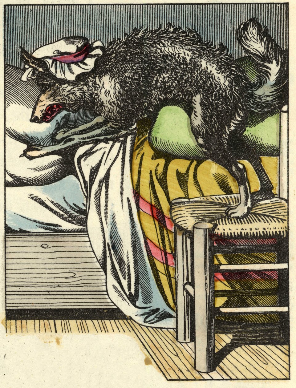 Naamiaissusi ottaa isoäidin paikan sängyssä. Kuvitus Charles Perraultin tarinasta "Punahilkka". tekijältä Unknown artist