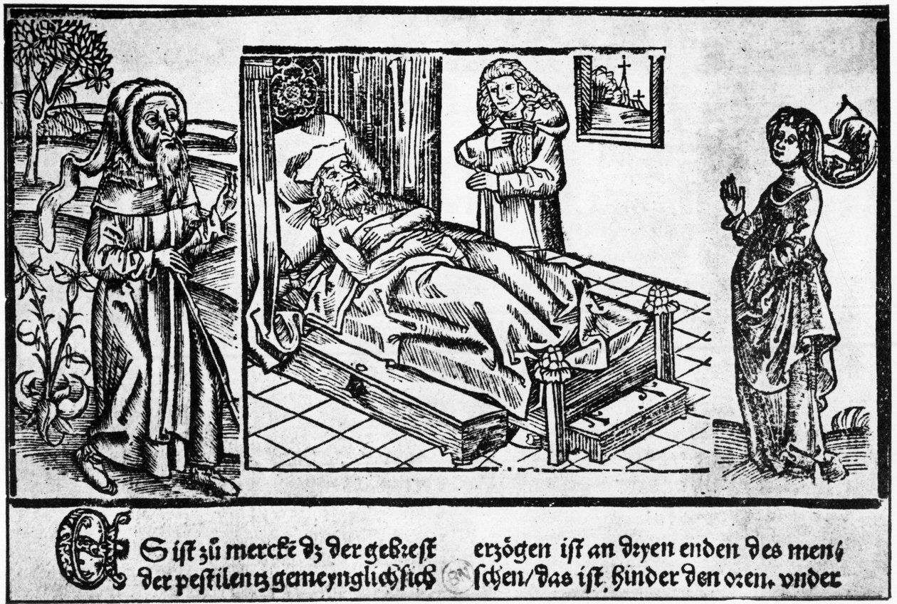 Lääkäri pestiferén sängyssä, Jérôme Brunschwig, Strasbourg, puukaiverrus "Liber pestilentialis" tekijältä Unknown artist