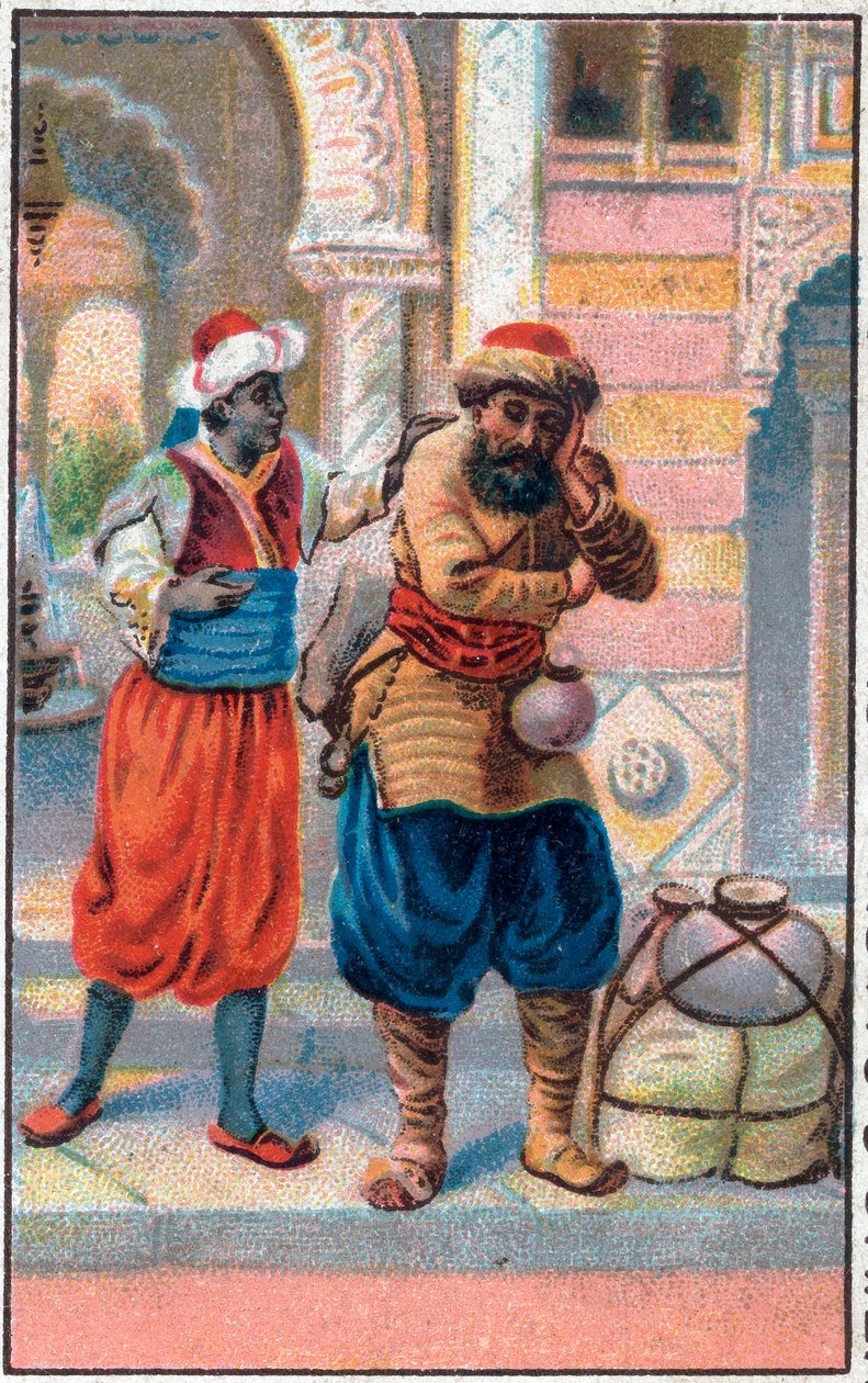 Ovi faksi. Merimies Sinbad (Sindbad) upeat seikkailut. Suosittu tarina 1001 yöstä (tuhat ja yksi yö). 1800-luvun lopun kromolitografia. tekijältä Unknown artist