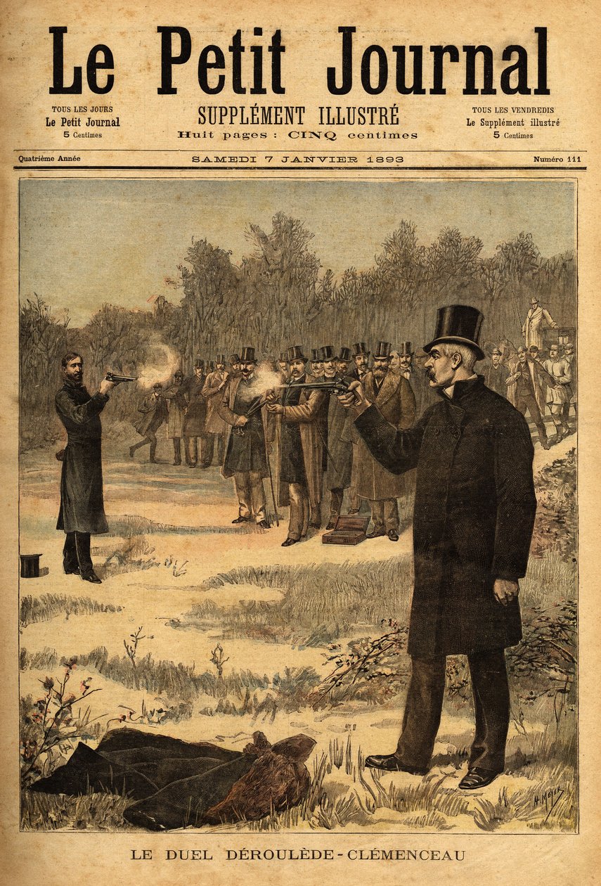 Kaksintaistelu pistoolilla (kielletty Ranskassa vuodesta 1626) varajäsenten Paul Derouleden (1846-1914) ja Georges Clemenceaun (1841-1929) välillä, ei haittaa. Kaiverrus "" Le petit Journal" -lehdessä 7/01/1893. Selvan kokoelma. tekijältä Unknown artist