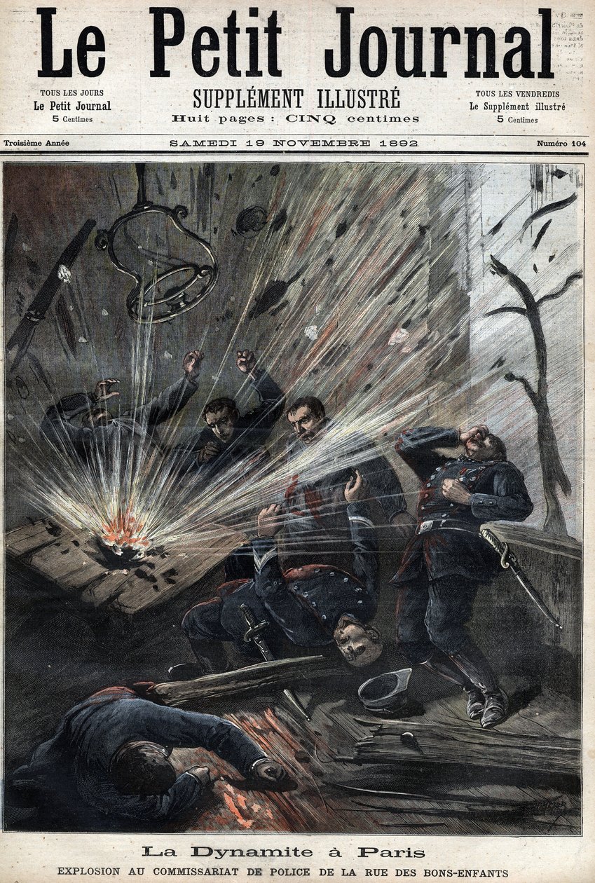 Dynamiitti Pariisissa, räjähdys poliisiasemalla rue des Bons Enfants, anarkisti Emile Henryn hyökkäyksen aiheuttama 8. marraskuuta tekijältä Unknown artist