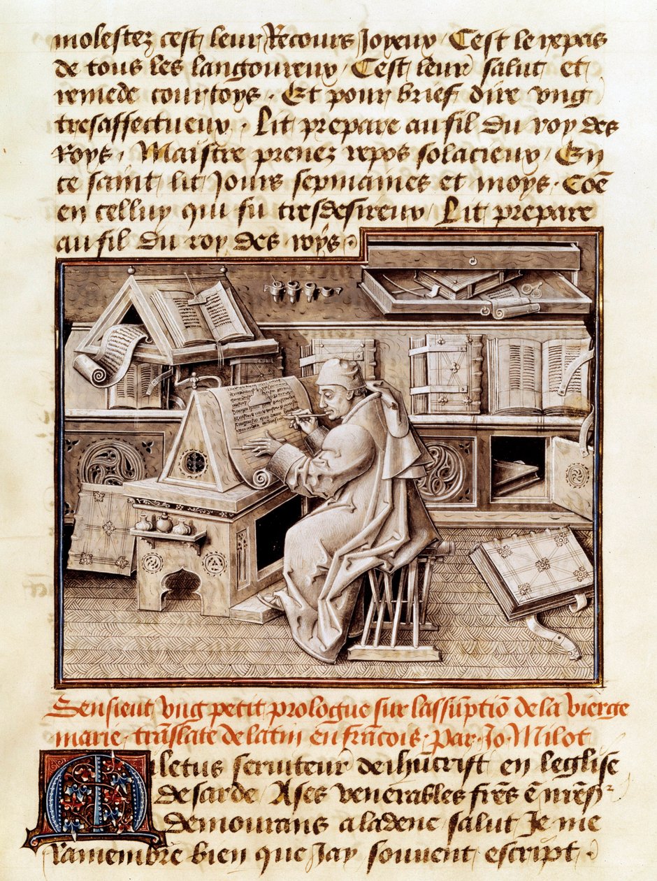 Kirkollinen, kirjailija ja kääntäjä Jean Mielot (kuoli 1472) edustaa työskentelyä toimistossaan Sivu 1400-luvun käsikirjoituksesta. Paris, B.N. tekijältä Unknown artist