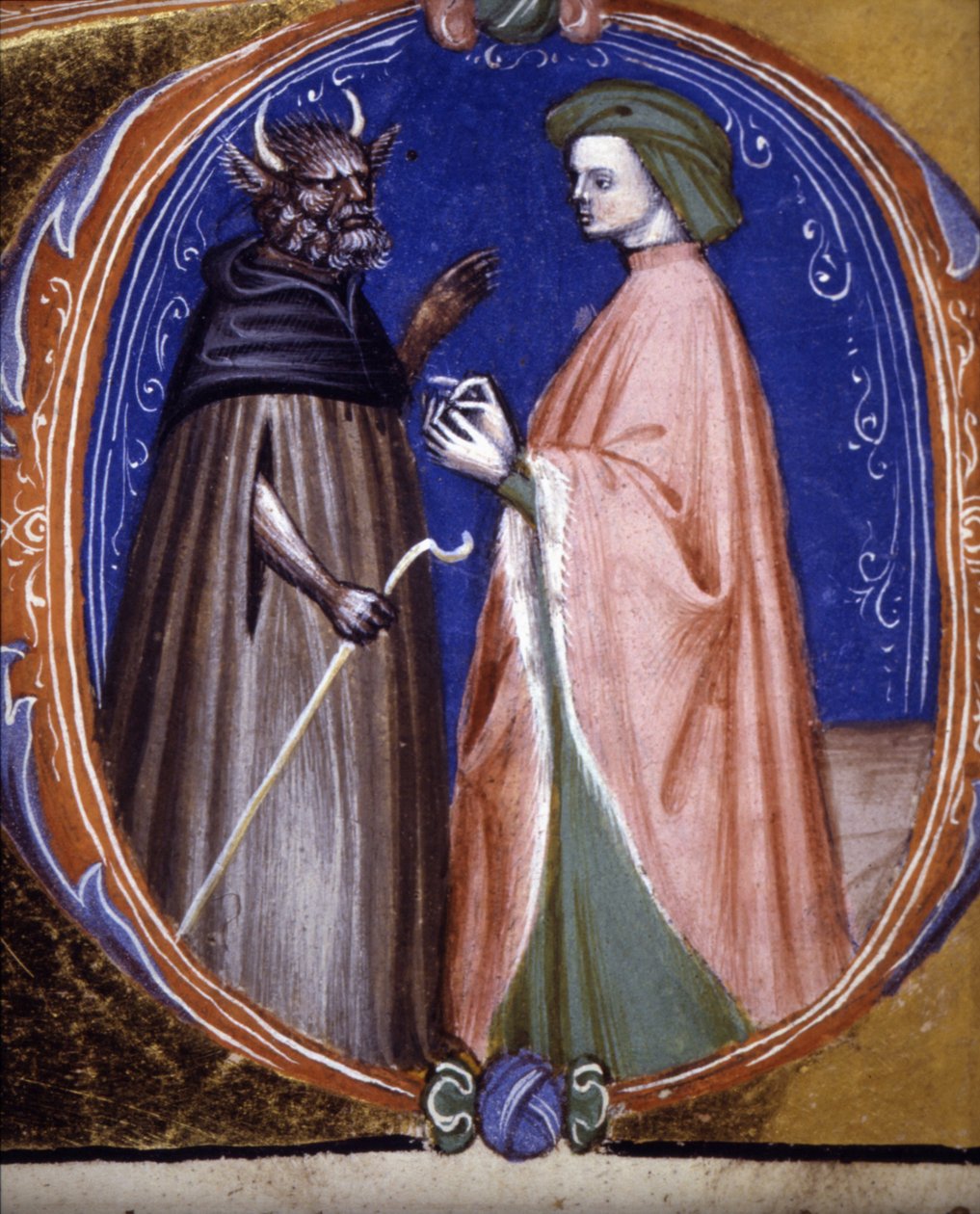 Demonin kohtaaminen. 1300-luvun käsikirjoitus. Biblioteca comunale di Rimini tekijältä Unknown artist