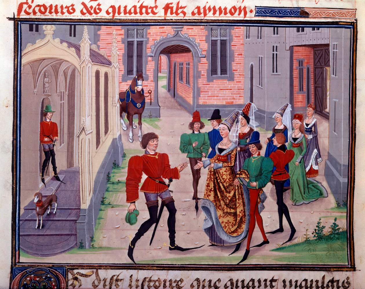 Clarissen, kuningas Yvon de Gasconyn ja Renaud Miniaturen tyttären kihlas Loyset Lieedetin käsikirjoituksesta "Renaud de Montauban" tai "Les quatre fils Aymon" (toimii vuosina 1448-1478). Ms. 5073. 1400-luvun Bibliotheque de l
