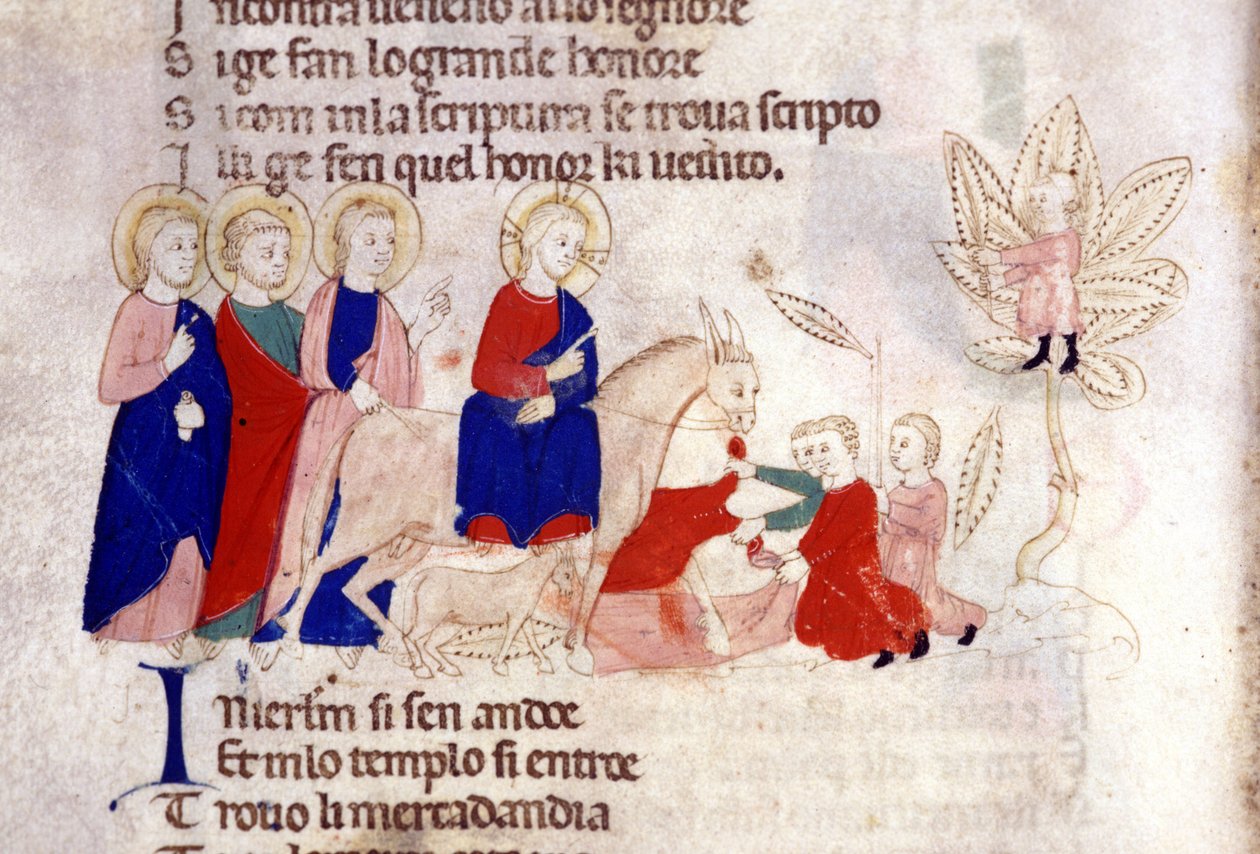 Kristuksen sisäänkäynti Jerusalemiin. 1300-luvun miniatyyri. tekijältä Unknown artist