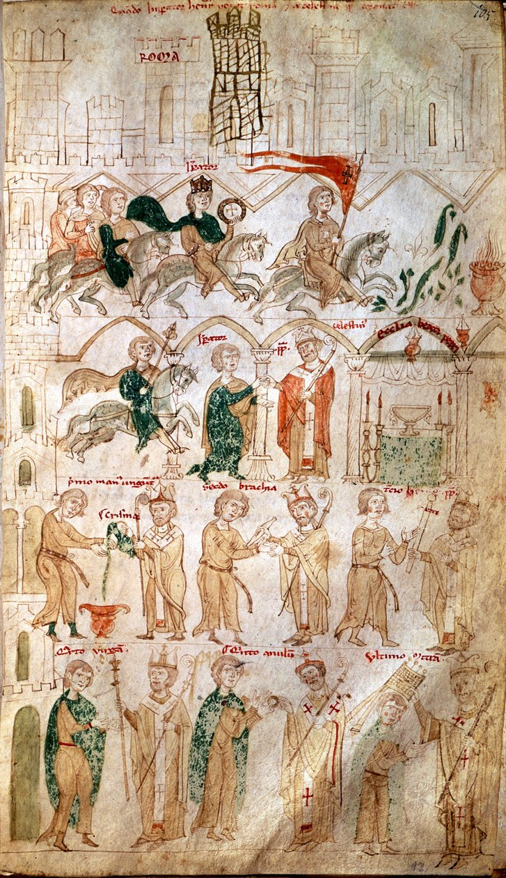 Pyhän valtakunnan Henrik VI:n (1165-1197) saapuminen Roomaan ja hänen kruunaamisensa keisariksi 14.4.1191 paavi Celestin III:n toimesta. Sivu otettu Pietro da Ebolin (Pietari Pietari) teoksesta "" Liber ad honorem Augusti"" Eboli) - (koodi 120, fol 105) 12 tekijältä Unknown artist