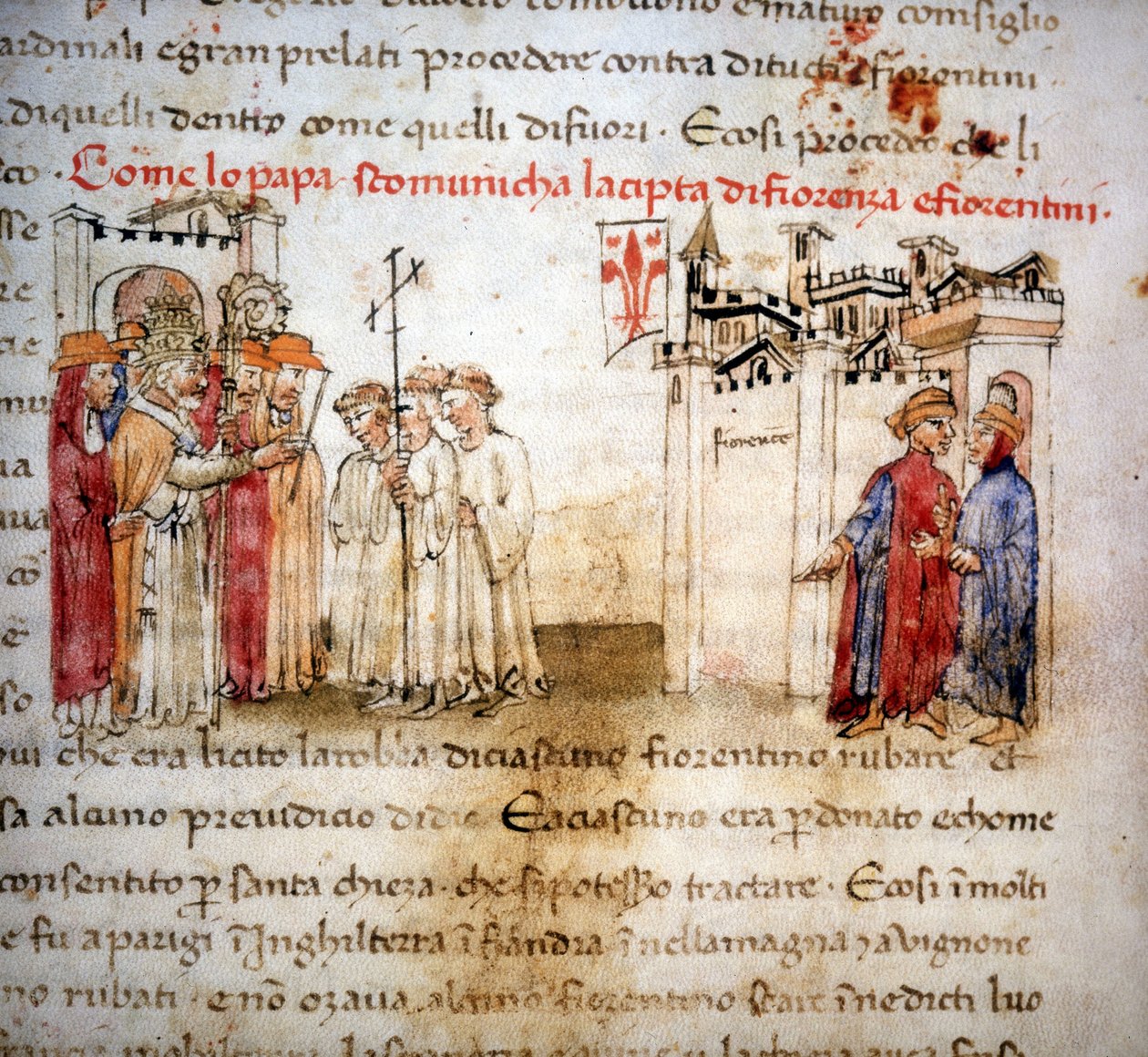 Firenzen ja firenzeläisten ekskommunikaatio vuonna 1375 - "Croniche del Sercambissa", noin 1400. tekijältä Unknown artist