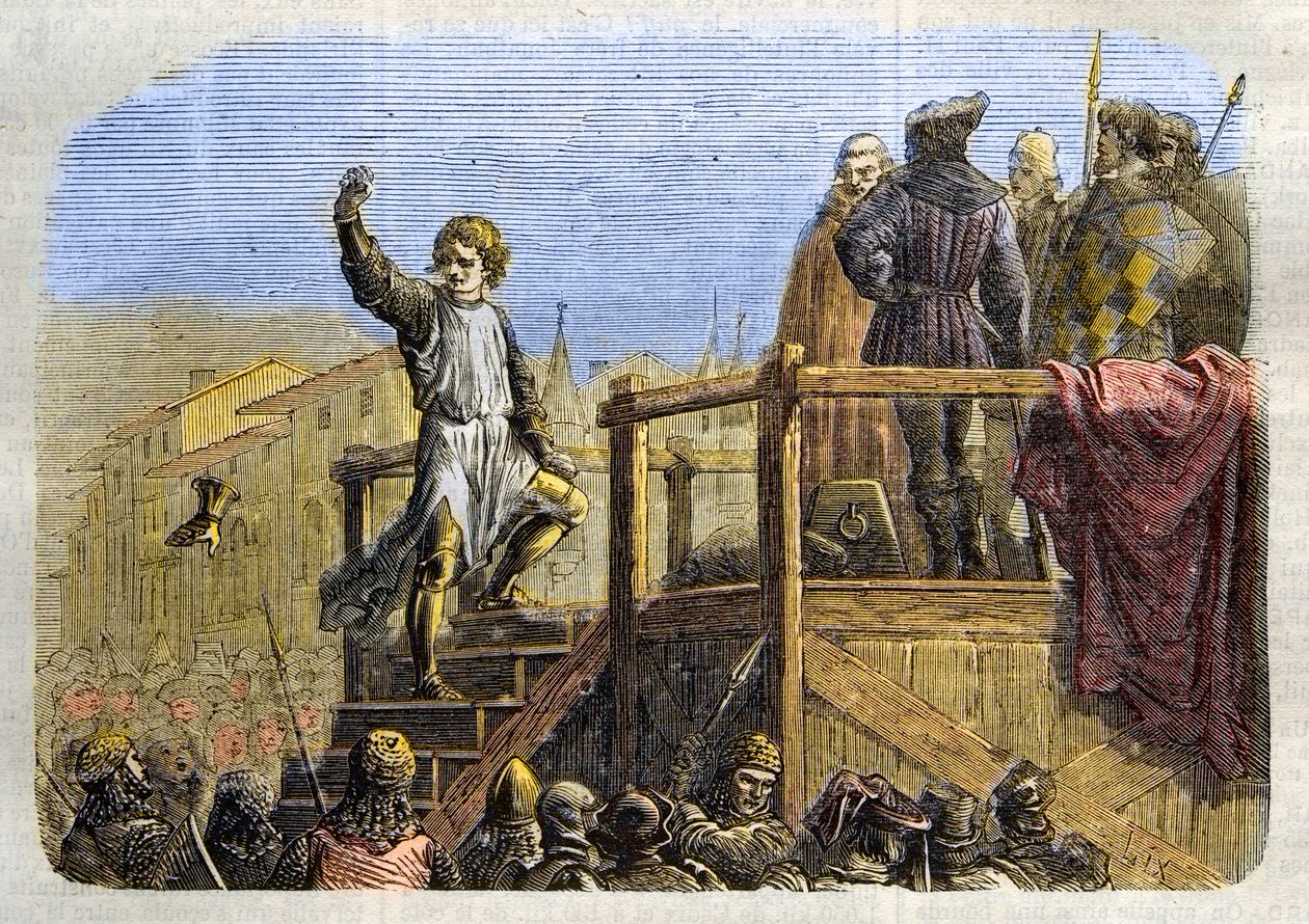 Sisilian kuninkaan Conradinin (tai Conrad of Hohenstaufenin) ja Swabian herttuan (1252-1268) teloitus Charles Anjoun käskystä Tagliacozzon taistelun jälkeen vuonna 1268” (Conradinin (tai Conrad nuoremman), viimeisen Staufer-kuninkaan teloitus Sisilian perä tekijältä Unknown artist