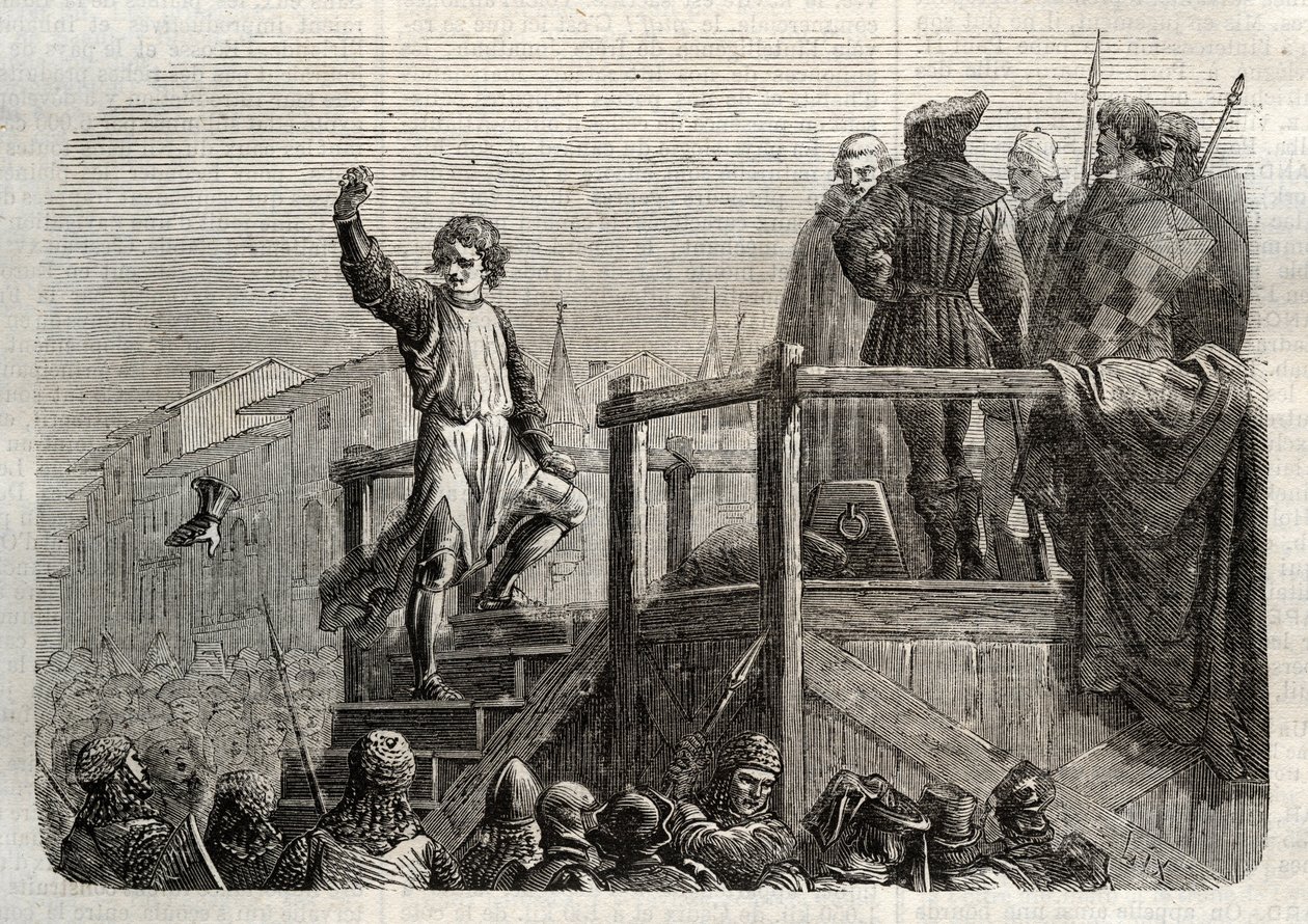Sisilian kuninkaan Conradinin (tai Conrad of Hohenstaufenin) ja Swabian herttuan (1252-1268) teloitus Charles Anjoun käskystä Tagliacozzon taistelun jälkeen vuonna 1268” (Conradinin (tai Conrad nuoremman), viimeisen Staufer-kuninkaan teloitus Sisilian perä tekijältä Unknown artist