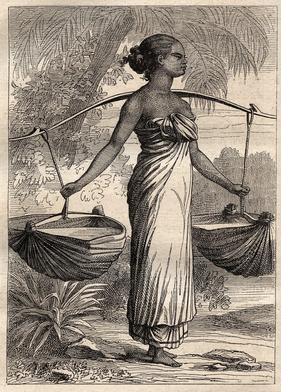Kapteeni Etienne Marchandin (1755-1793) retkikunta maailman ympäri (1790-1792): veden kuljettaja Timorissa (Itä-Timor, Indonesia) -kuva otettu teoksesta "1700-luvun suuret merenkulkijat" tekijältä Unknown artist