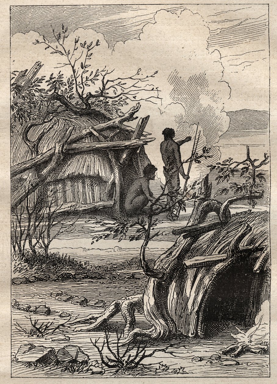 Kapteeni Etienne Marchandin (1755-1793) retkikunta maailman ympäri (1790-1792): Enddachtin maan (Australia) alkuperäiskansojen mökit - kuva otettu teoksesta "1700-luvun suuret merenkulkijat" tekijältä Unknown artist