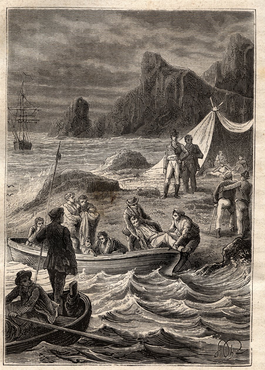 Nicolas Baudinin (1754-1803) tutkimusmatka eteläisille maille (1800-1803): keripukkisairaita kuljetettiin maihin Bay of Adventuressa (Tasmania, Australia) - kuva otettu teoksesta "1700-luvun suuret merenkulkijat" ” tekijältä Unknown artist