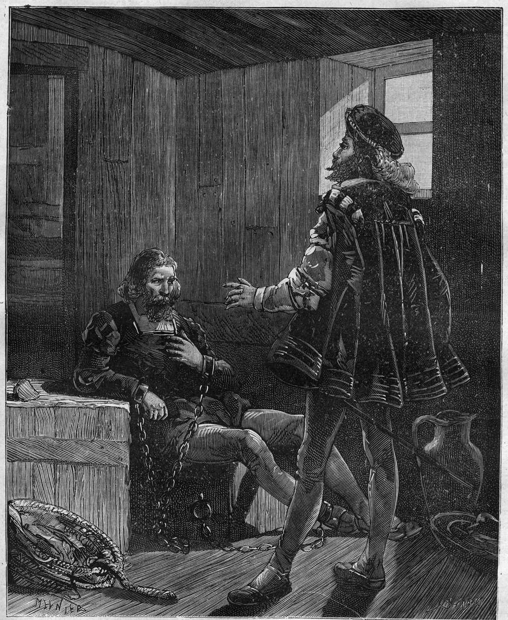 Kolmannelta matkaltaan palaava tutkimusmatkailija ja navigaattori Christopher Columbus (Christopher Columbus, Cristoforo Colombo, Cristobal Colon) (1451-1506) on ketjutettu lastiruumiin tekijältä Unknown artist