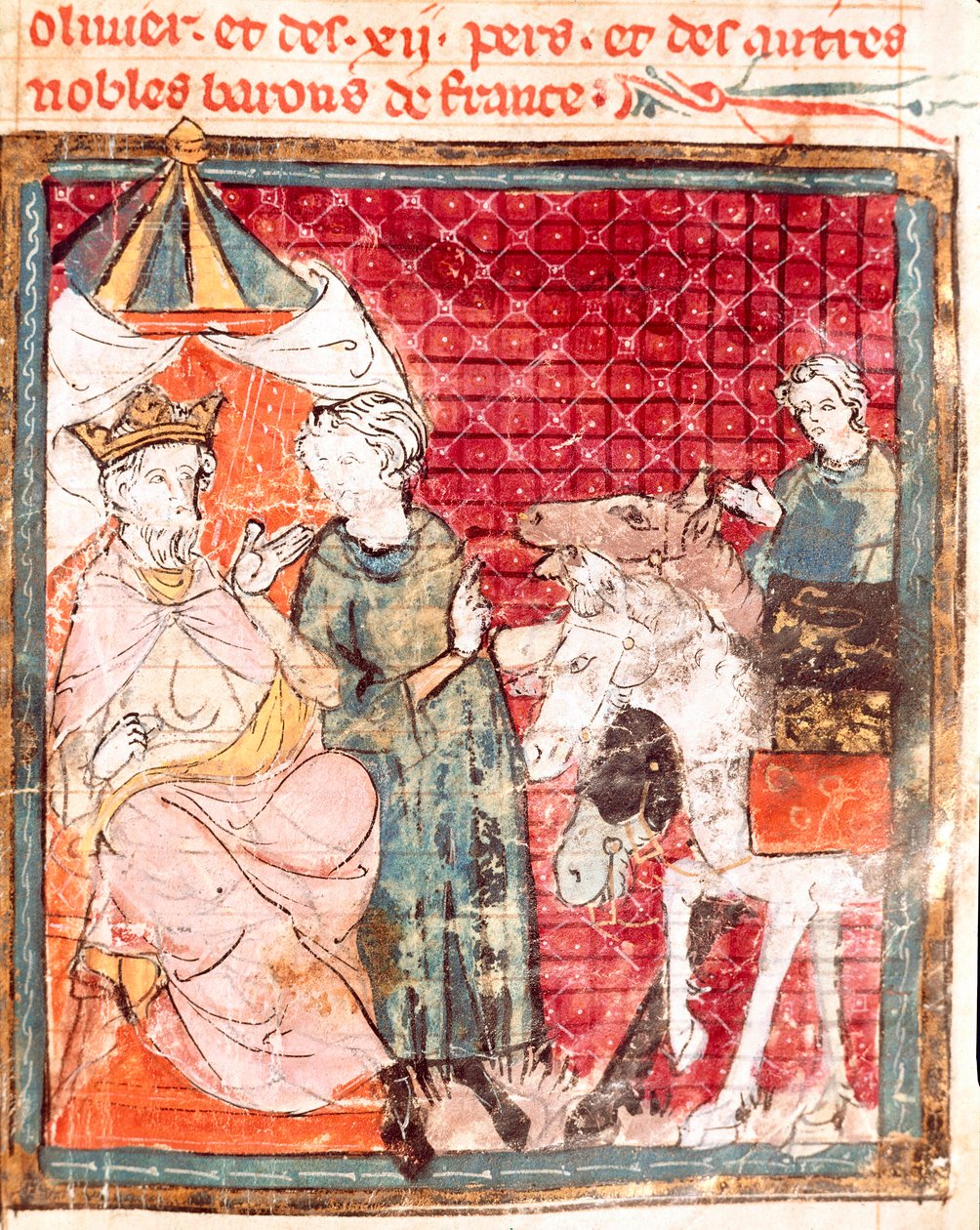 Ritari Rolandin jäähyväiset hänen sedänsä Kaarle Suurelle (742-814) Miniatyyri "" Grandes Chronicles de Francesta"" 1375-1379 kaupunginkirjasto, Castres tekijältä Unknown artist