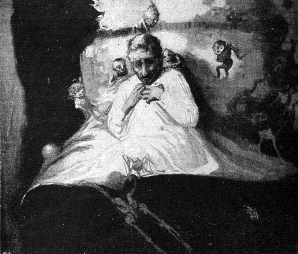 Aaveiden pelko (sängyssä oleva mies luulee, että kuvitteelliset olennot hyökkäsivät hänen kimppuunsa). tekijältä Unknown artist