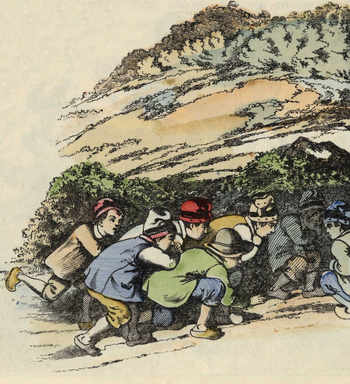 Pikku Poucetin feres piiloutuvat onttoon kiveen paetakseen ogrea. Kuvitus Charles Perraultin tarinasta "" Le Pepetit Poucet". tekijältä Unknown artist