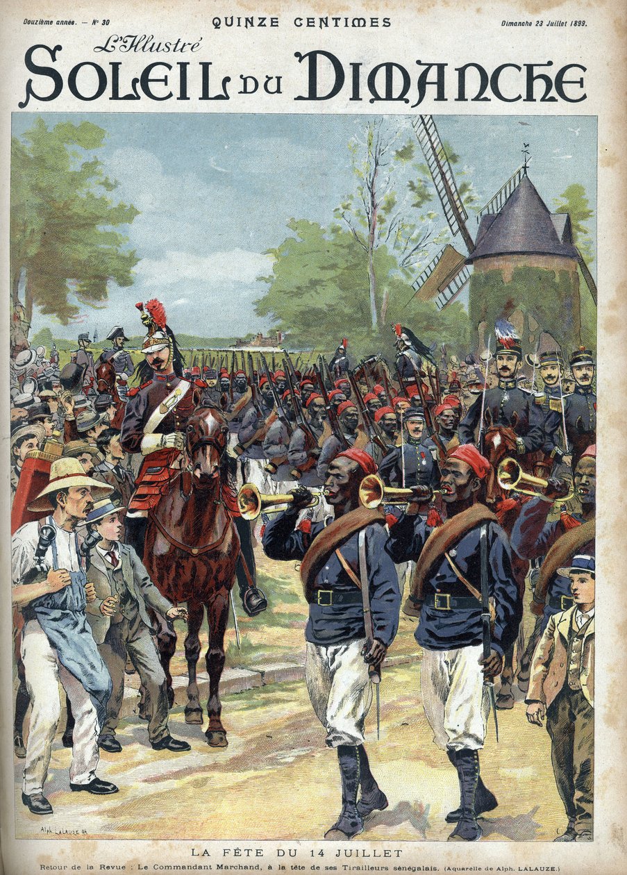 Heinäkuun 14. päivän juhlat: Komentaja Marchandilla on senegalilaisten ratsastajien pää. Kaiverrus kirjassa "" Le sun-du-dimanche", 23. heinäkuuta tekijältä Unknown artist