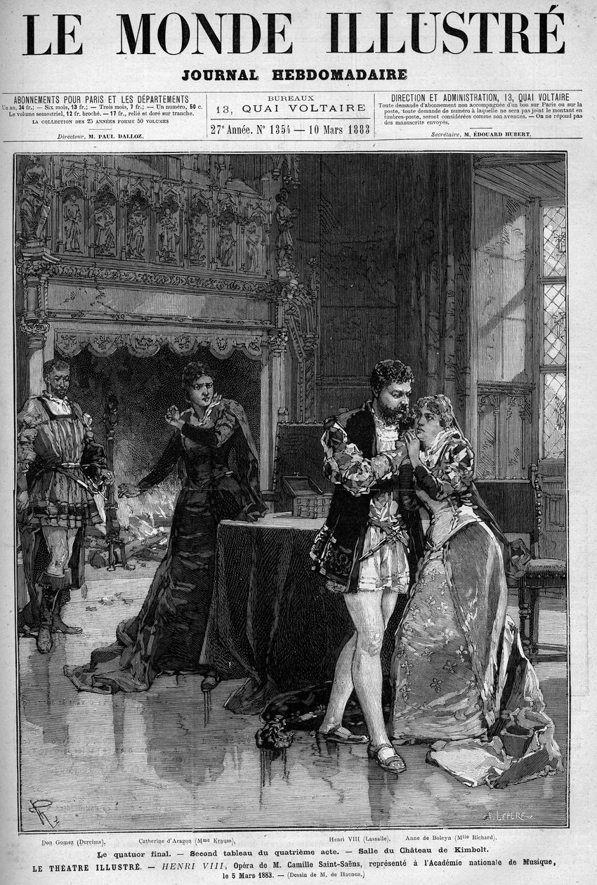 Viimeinen kvartetto, Kimboltin linnan huoneessa tapahtuvan neljännen näytöksen toinen maalaus. Kohtaus Camille Saint Saensin (Saint-Saens) ooppera Henry VIII edustettuna kansallisessa musiikkiakatemiassa 5. maaliskuuta tekijältä Unknown artist