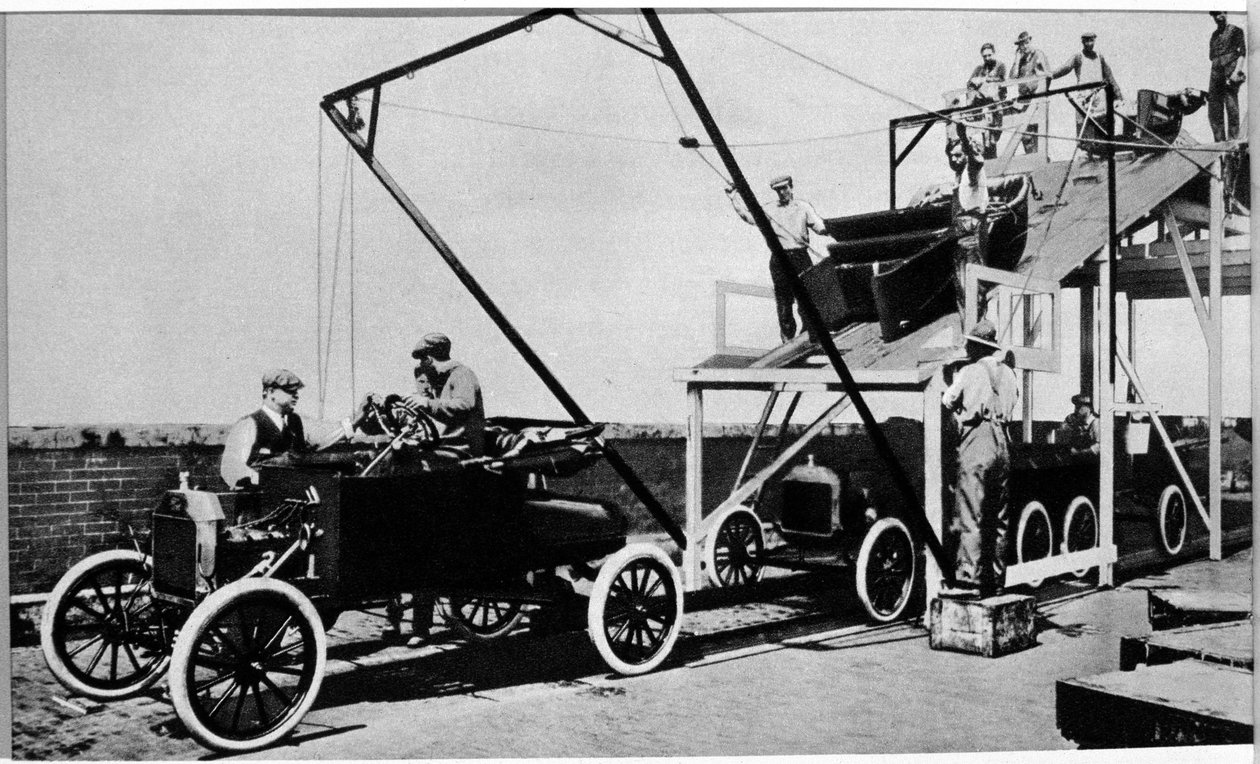 Ford Motor Companyn ensimmäiset tuotantolinjat 1800-luvun lopulla tekijältä Unknown artist