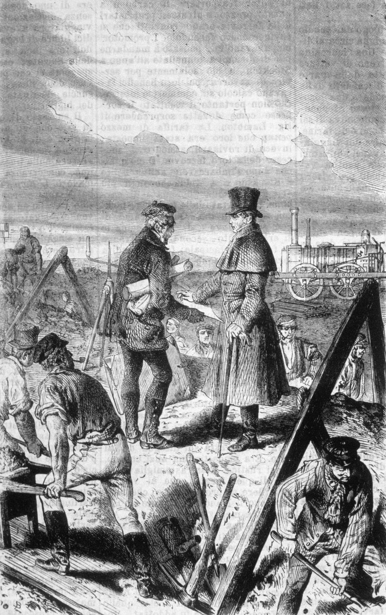 Ensimmäinen brittiläisen insinöörin George Stephensonin (1781-1848) rakentama höyryveturi. tekijältä Unknown artist