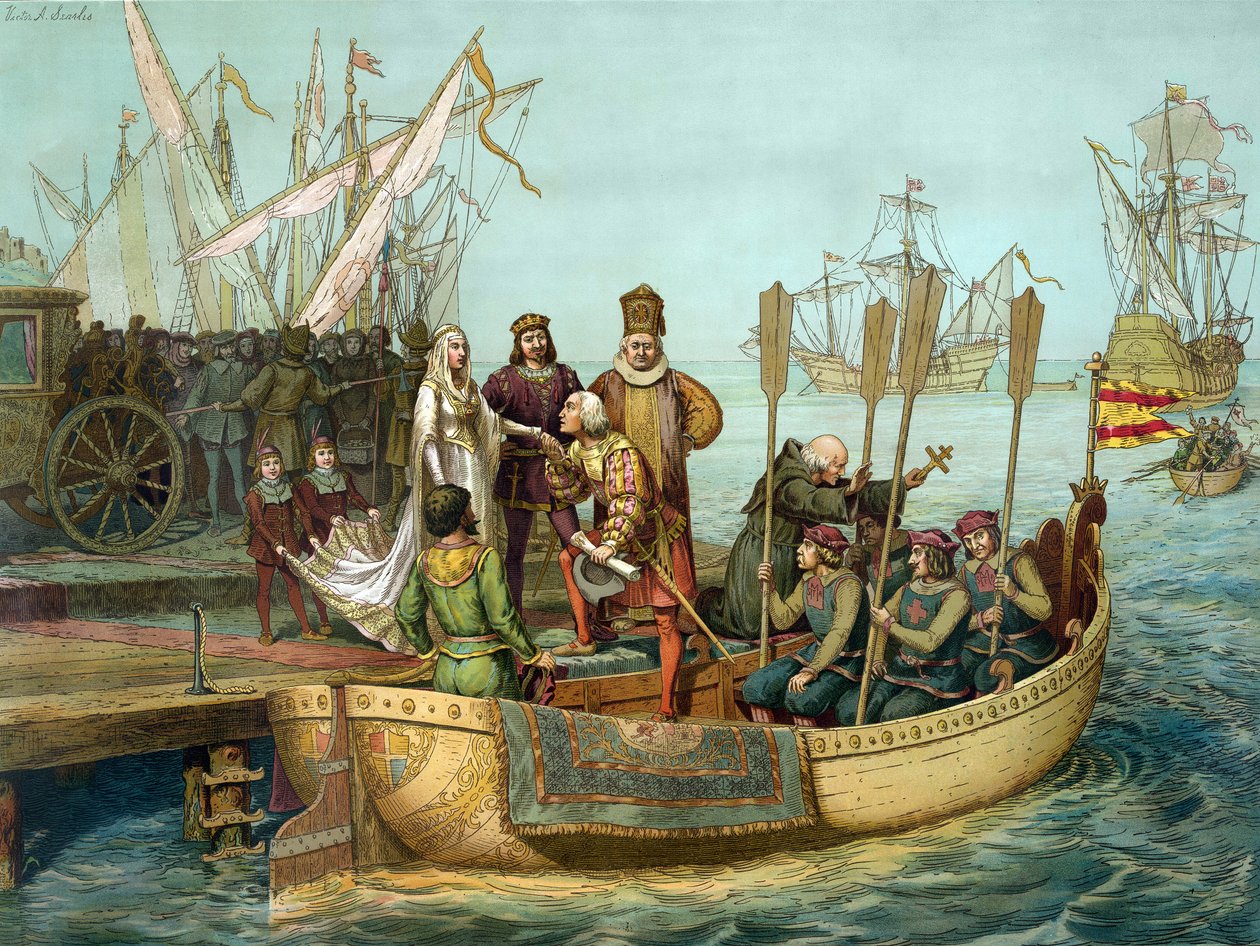 Ensimmäinen matka: Kristoffer Kolumbus tervehtii Kastilian kuningatar Isabellaa Paloksen satamaan ennen lähtöä vuonna 1492. Kaiverrus 1800-luku tekijältä Unknown artist
