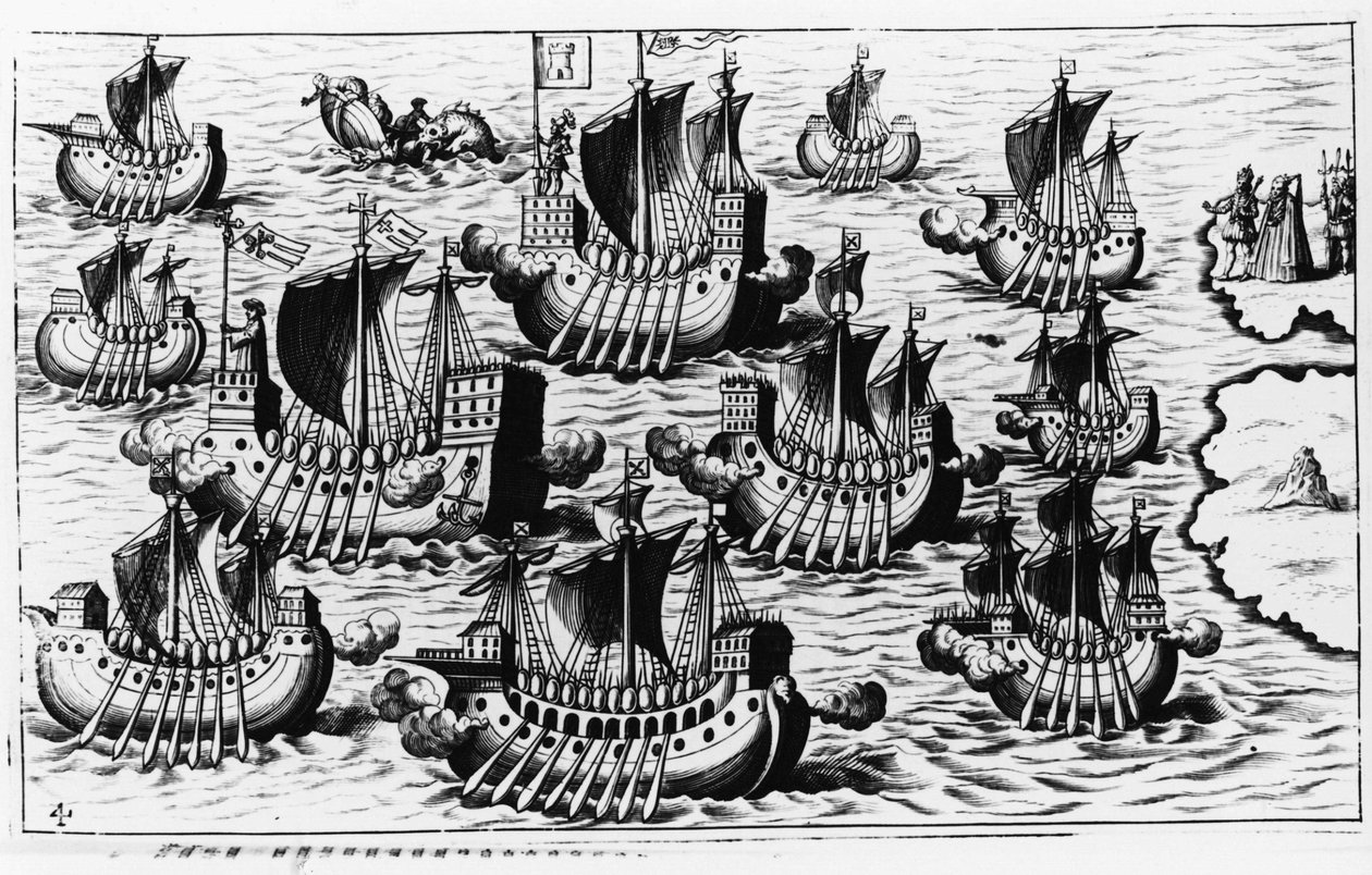 Christopher Columbuksen (Cristoforo Colombo) laivasto uuden maailman valloittamiseksi - Philoponus Honoriusin "Uusi Tipus uuden maailman matkan jälkeen" tekijältä Unknown artist