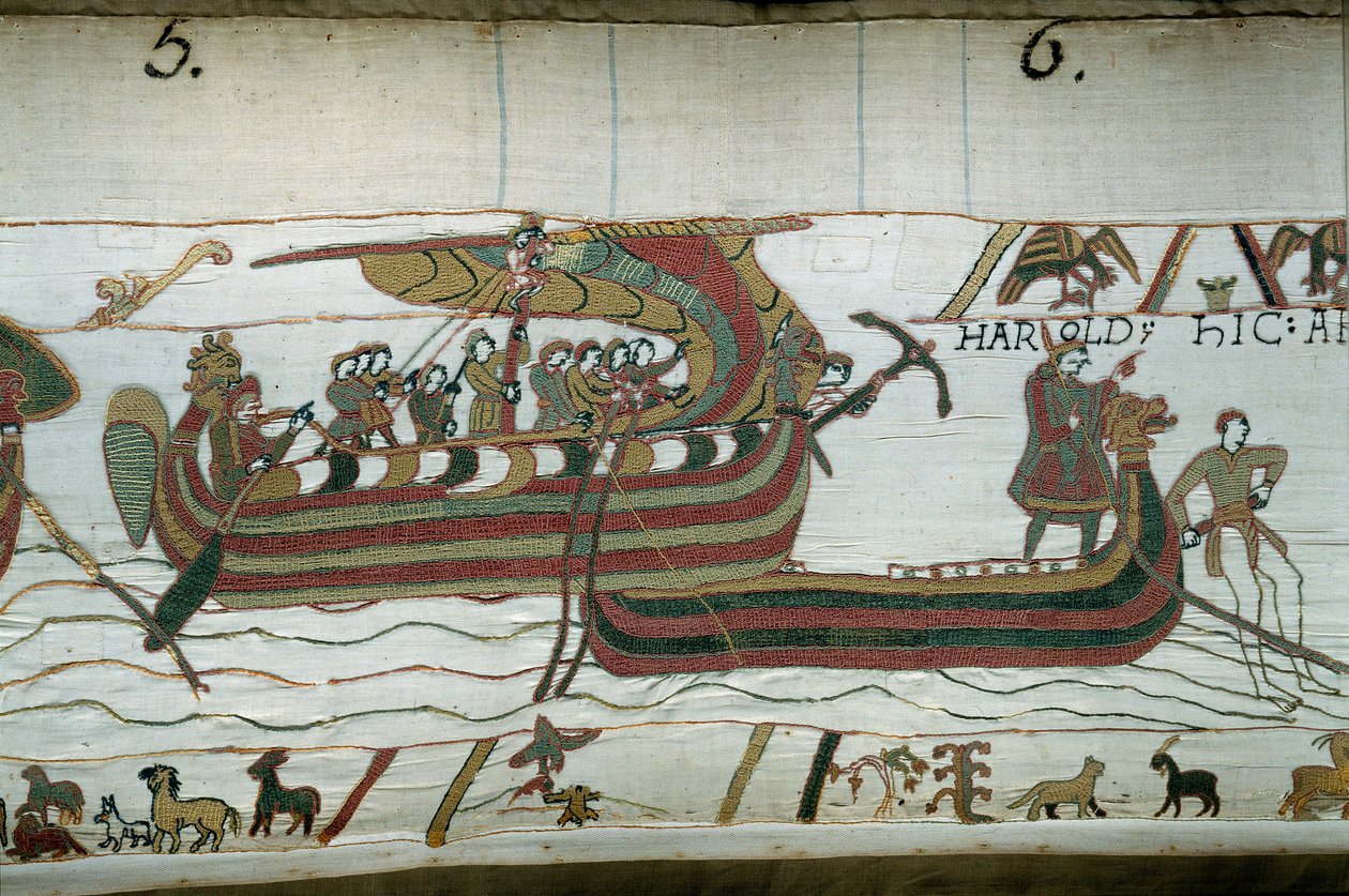 Haroldin laivasto, joka tuli ilmoittamaan Normandian herttua William Valloittajalle (1027-1087), että hänestä tulee Englannin kruunun seuraaja Edoaurd Tunnustajan kuoltua, jää myrskyyn, joka heittää sen rannikolle. kreivi Guy de P tekijältä Unknown artist