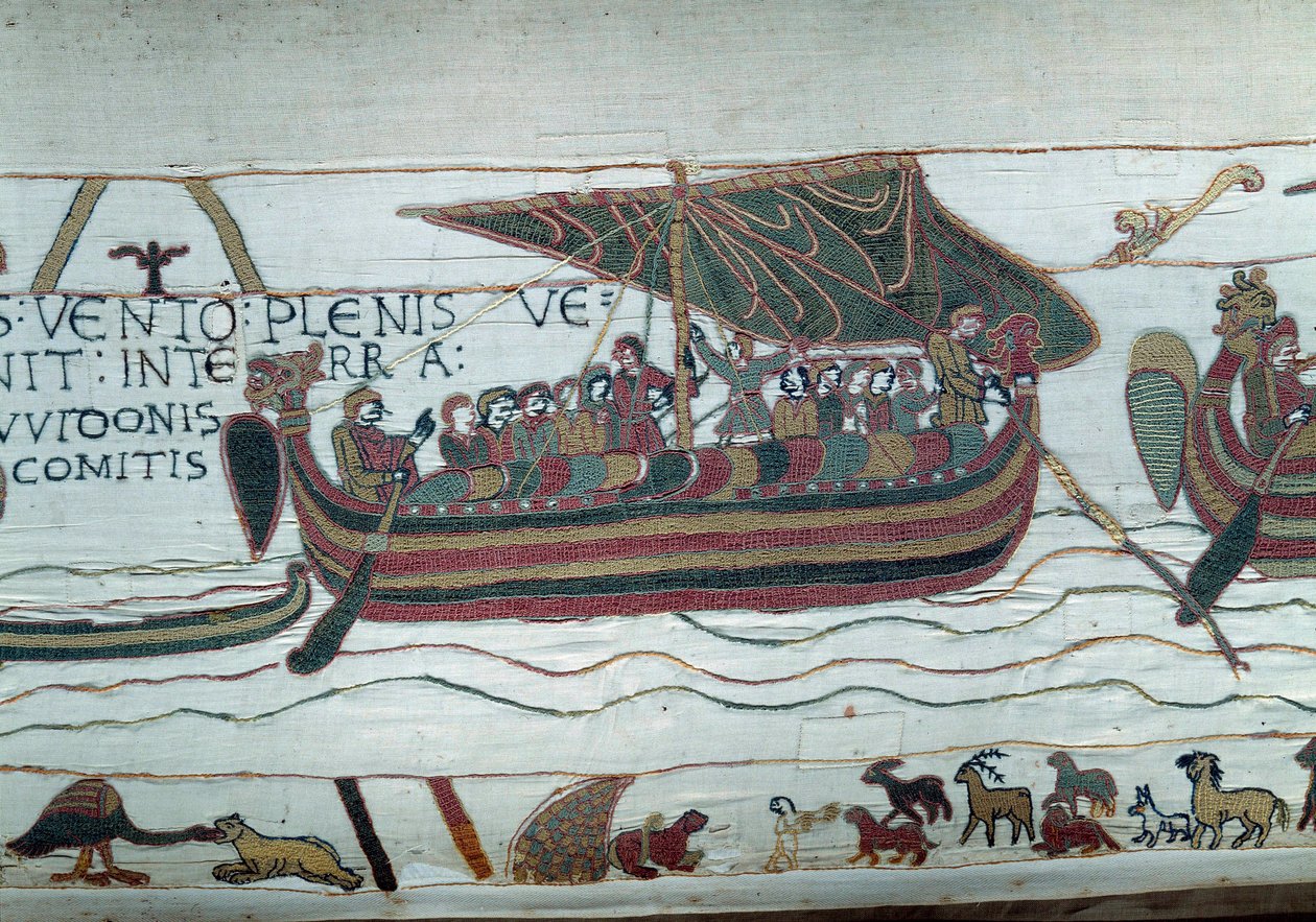 Haroldin laivasto, joka tuli ilmoittamaan Normandian herttua William Valloittajalle (1027-1087), että hänestä tulee Englannin kruunun seuraaja Edoaurd Tunnustajan kuoltua, jää myrskyyn, joka heittää sen rannikolle. kreivi Guy de P tekijältä Unknown artist