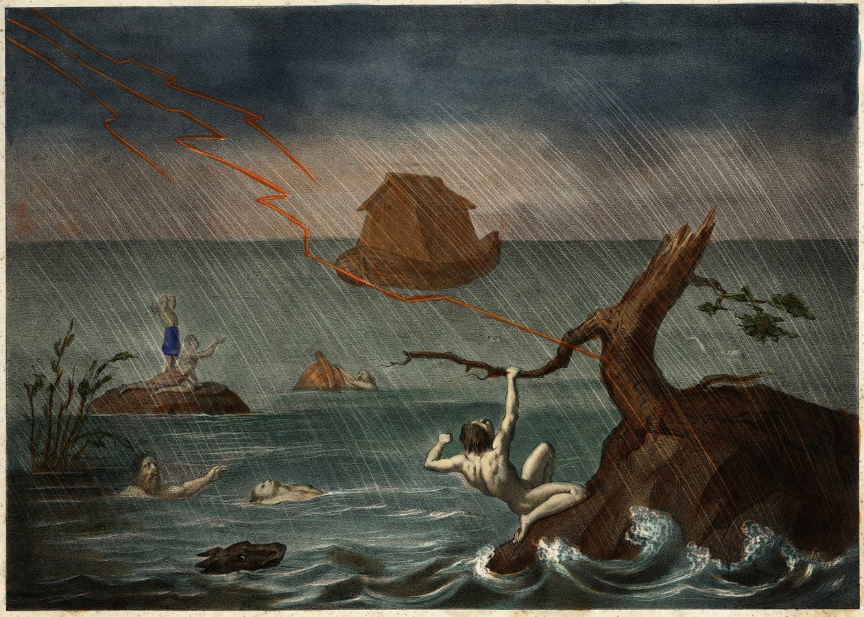 Vedenpaisumus ja Nooan arkki kaukaisuudessa. Anonyymi kaiverrus 1800-luvun puolivälistä. tekijältä Unknown artist