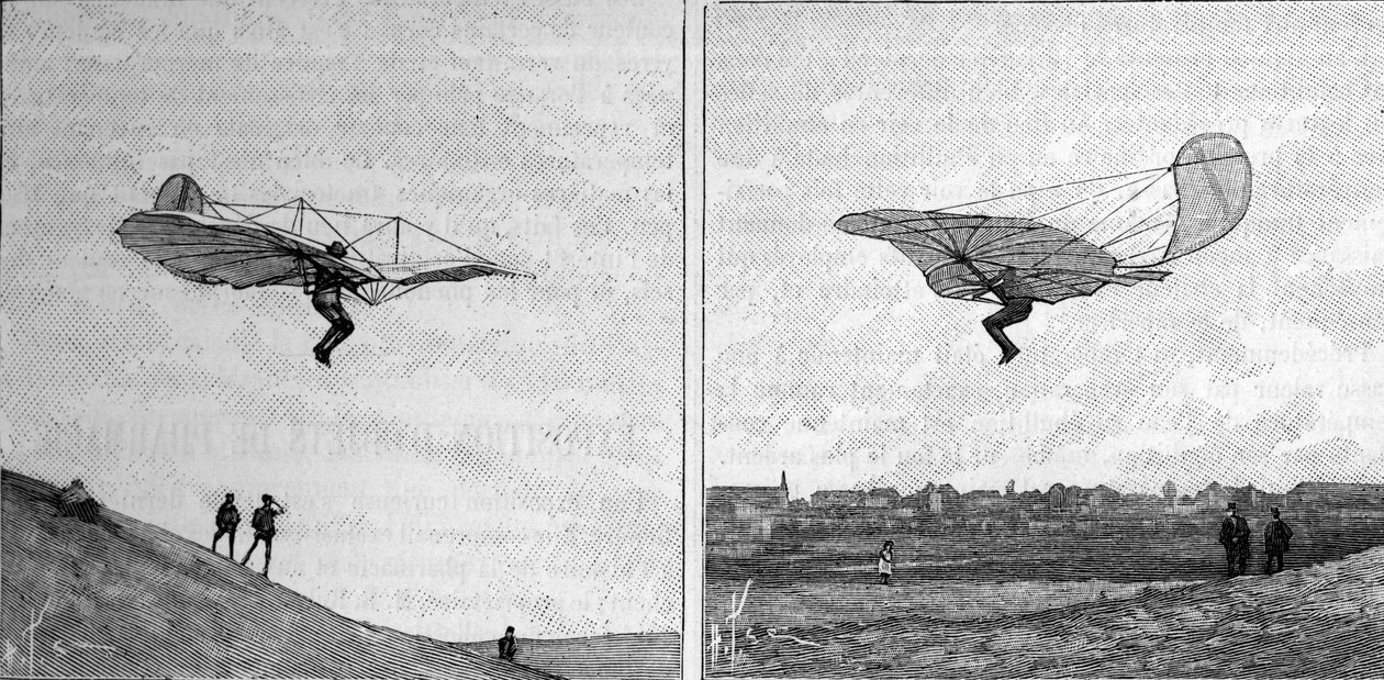 Saksalaisen ilmailun pioneerin Otto Lilienthalin (1848-1896) lentävä lentokone kahdessa eri asennossa (pikakuvasta). Kaiverrus "" La Nature: revue des sciences et de leurs applications aux arts et a l