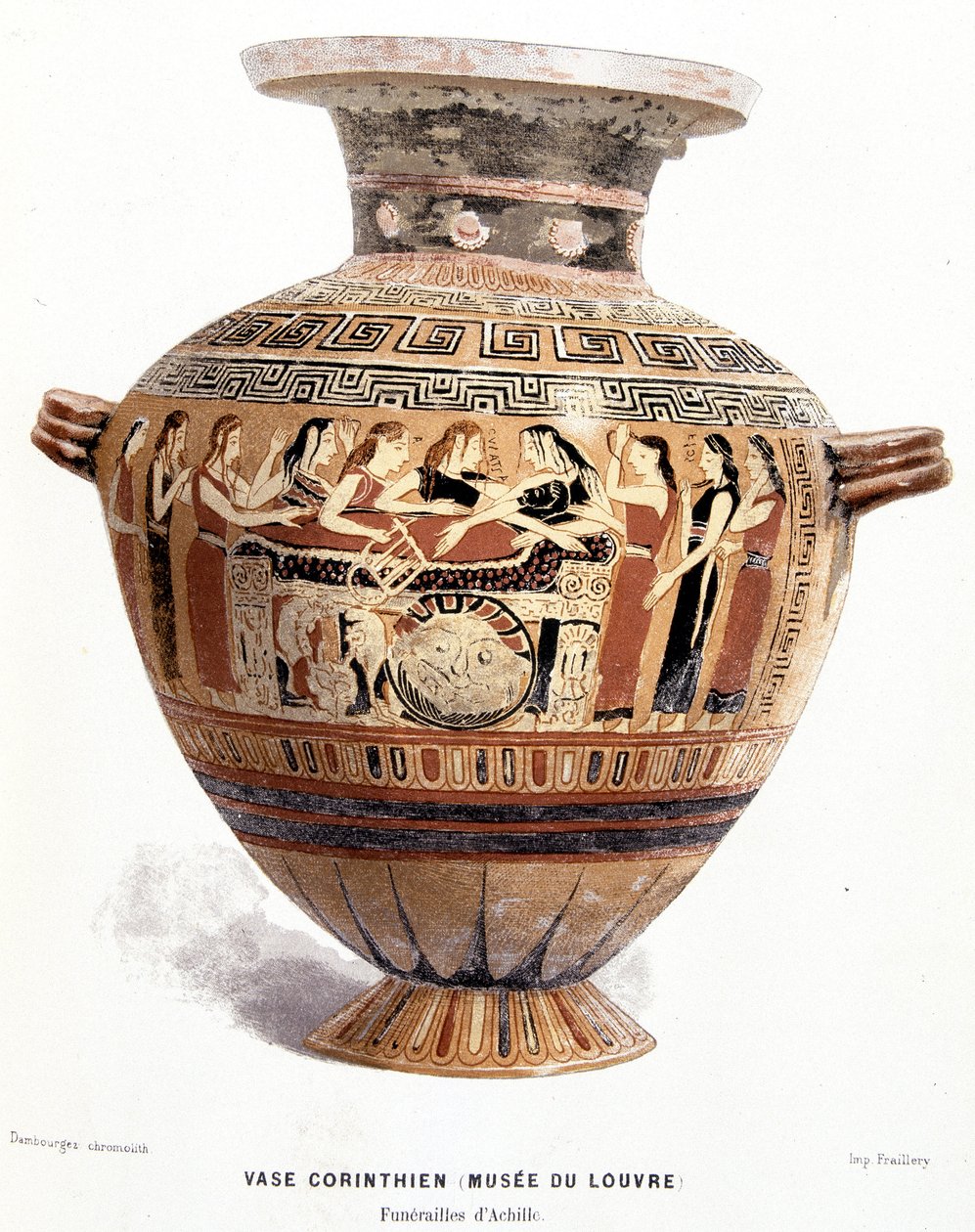 Akhilleuksen hautajaiset - Louvren museon korintilainen maljakko, Victor Duruyn "Histoire des Greeks" -kirjassa tekijältä Unknown artist