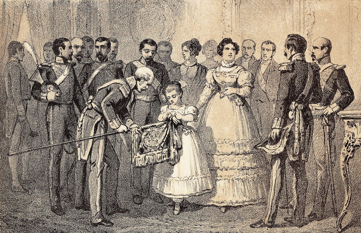 Tuleva Espanjan kuningatar Isabella II (Isabella of Bourbon) (1830-1904) (Isabel II of Espana) koristaa Pyhän Ferdinandin ritarikunnan (San Fernando) kaartin keihään lippua. Litografia. tekijältä Unknown artist