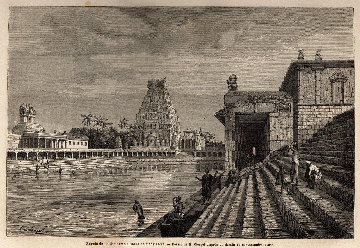 Chillambaran-pagodin ghaut tai pyhä lampi, joka sijaitsee Bengalinlahdella, lähellä Pondicheryä (Pondicherry) (Intia); Jotkut fideles laskeutuvat monumentaalista portaikkoa pitkin kylpemään tai suorittamaan puhdistavia pesuja. Kaiverrus havainnollistamaan  tekijältä Unknown artist