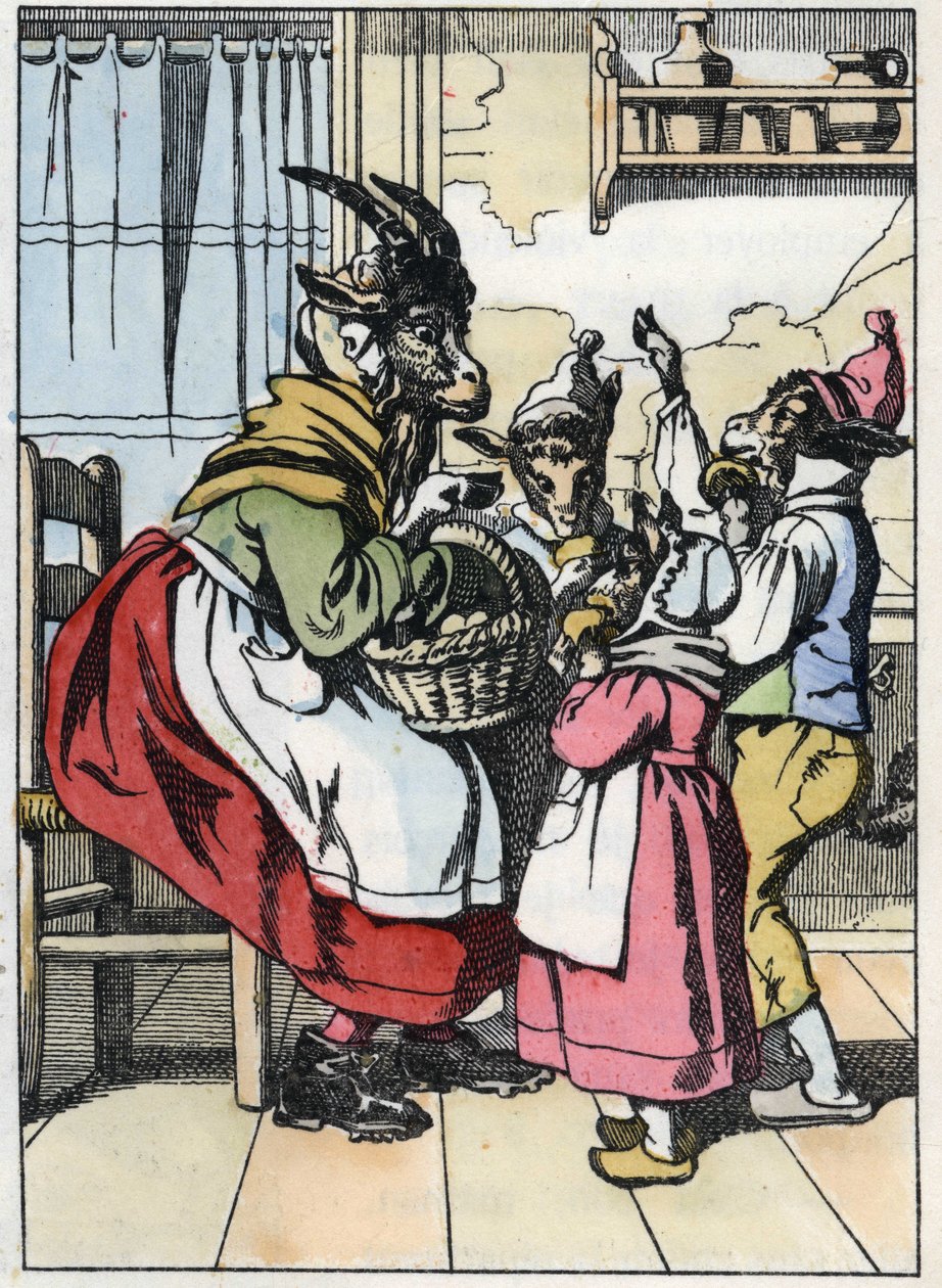 Vuohi on poissa markkinoilta ja kuuntelee bikettien historiaa. Kuva tarinasta "Compere le Loup, Maitre Renard, Comere la Chevre et ses petits biquets" Jean de la Fontainen tarun mukaan. "" Tarinoita kodista pienimmille"" tekijältä Unknown artist