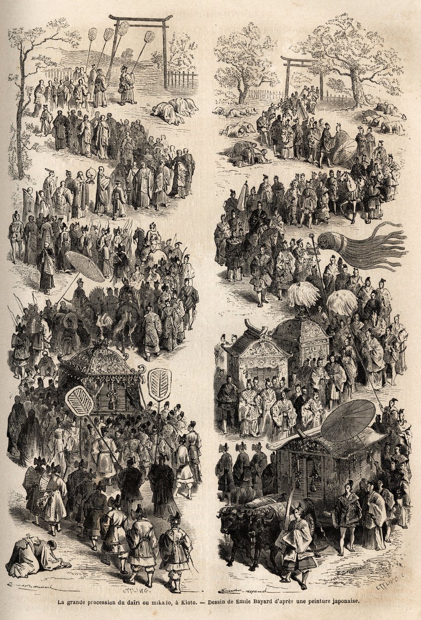 Mikadon (Japanin keisari) suuri kulkue Dairi-kadulla, muinaisessa Heian-kyon keisarilinnassa (Heian Kyo, nykyinen Kioto) vuosina 794–1869. Kaiverrus havainnollistaa Japanin-matkaa vuosina 1863-1864, Sveitsin ministeri Aime Humbert tekijältä Unknown artist