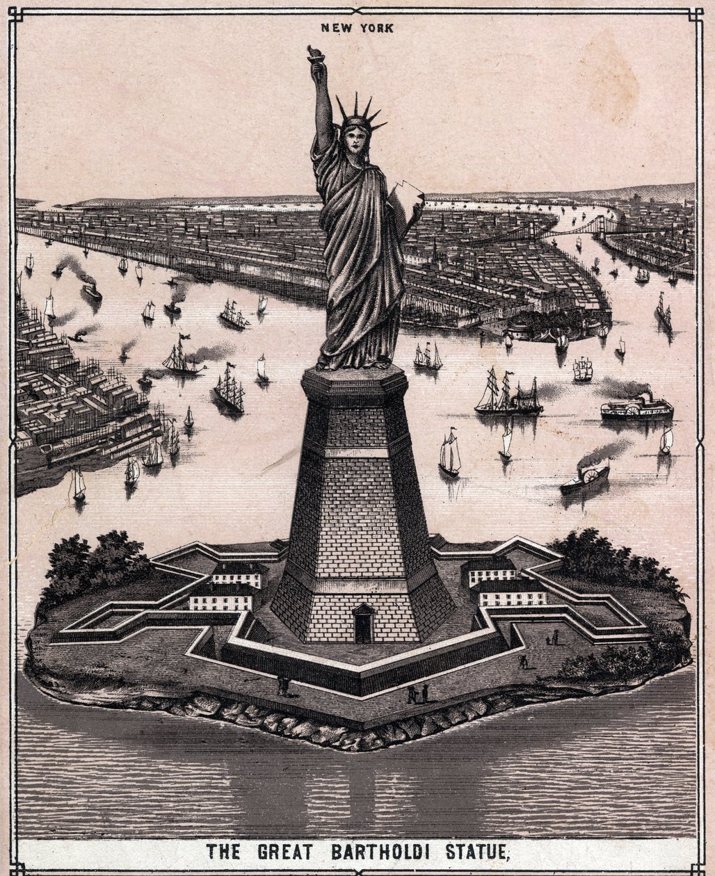 Suuri Bartholdi-patsas New Yorkissa, USA:ssa ”Maailma havainnollistaa 168 näkymää” Päiväämätön (1800-luvun loppu) tekijältä Unknown artist