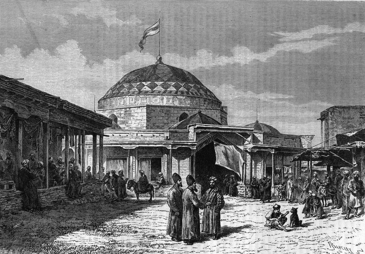 Suuri Samarkandin basaari (Samarqand tai Samarkand) Uzbekistanissa 1800-luvulla. Kaiverrus "" le journal de la Jeunesse "" vuodelta 1888. tekijältä Unknown artist