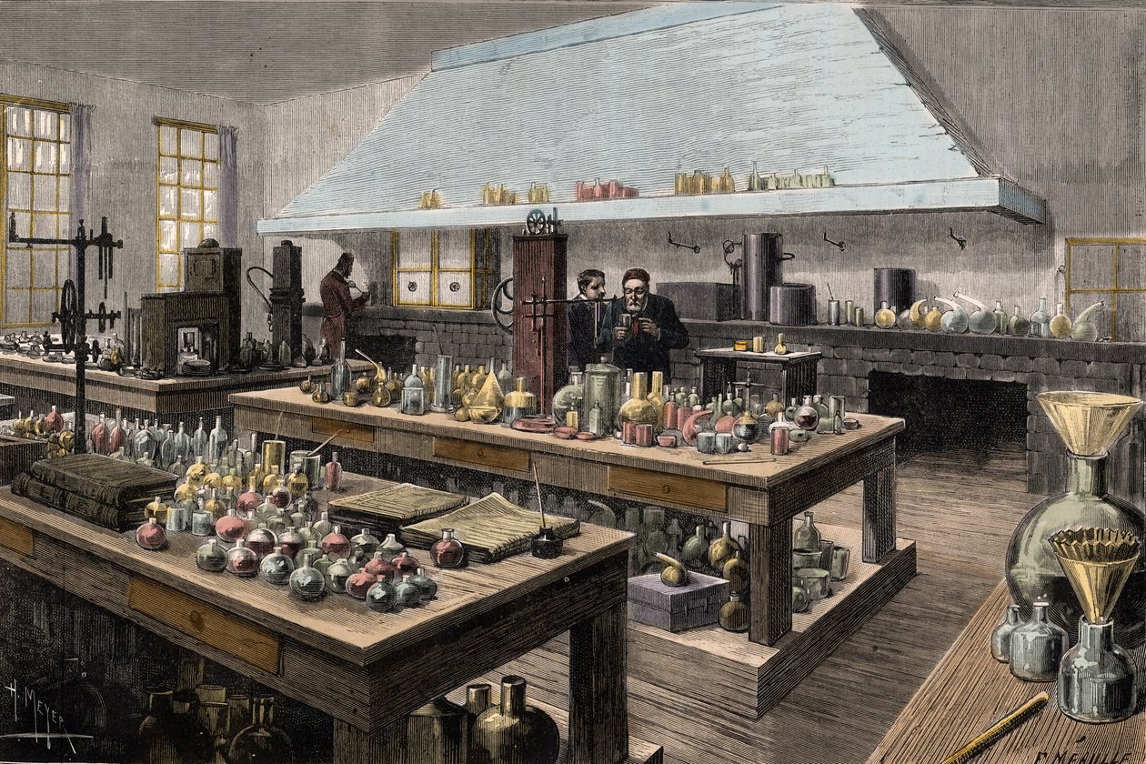 Louis Pasteurin (1822-1895), ranskalaisen kemistin ja biologin suuri laboratorio Ecole Normale Superieuressa - Louis Pasteur hänen laboratoriossaan Ecole Normale Superieuressa - Meyerin kaiverrus 1884 tekijältä Unknown artist