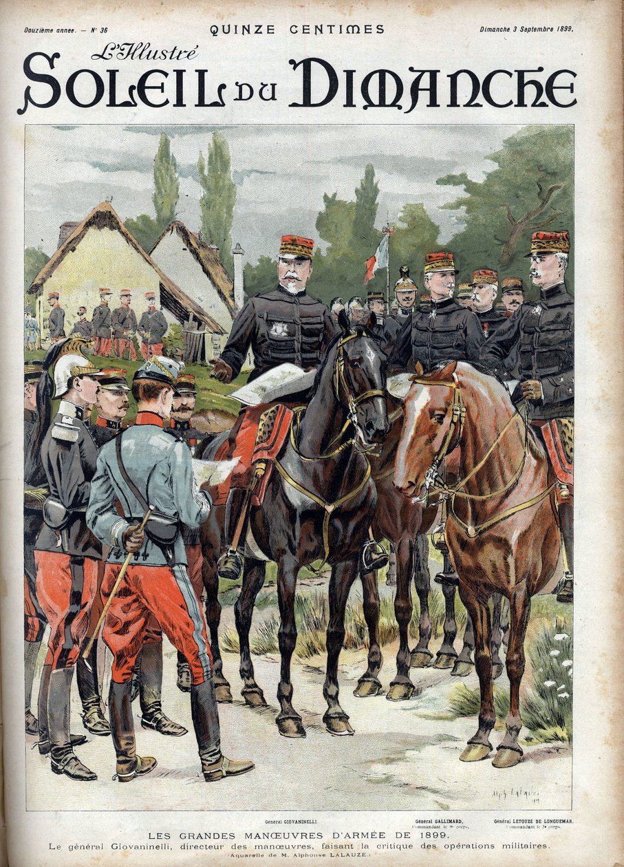 Vuoden 1899 armeijan suuret liikkeet. Kenraali Giovaninelli, ohjausjohtaja, kritisoi sotilasoperaatioita. Kaiverrus kirjassa "" Le sun-du-dimanche"", 3. syyskuuta 1899. tekijältä Unknown artist