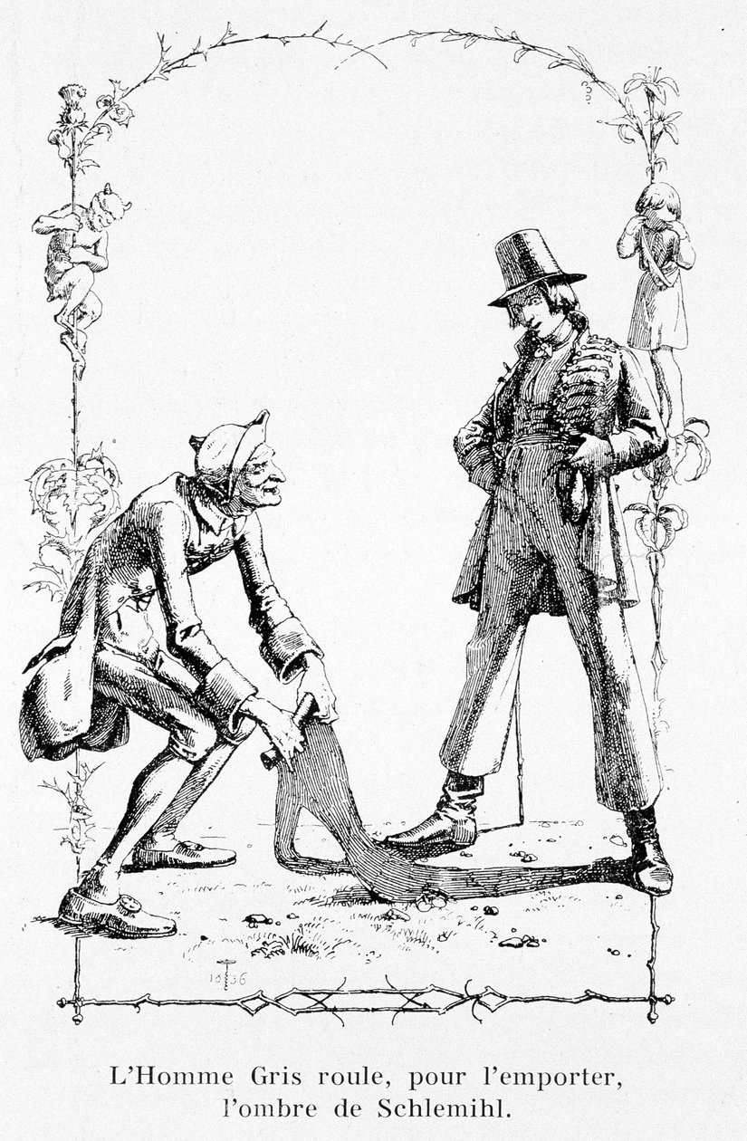 Harmaa mies vierii voittaakseen Schlemihlin varjon - Aldebert Von Chamisson "Pierre Schlemihlin upeassa tarinassa" tekijältä Unknown artist