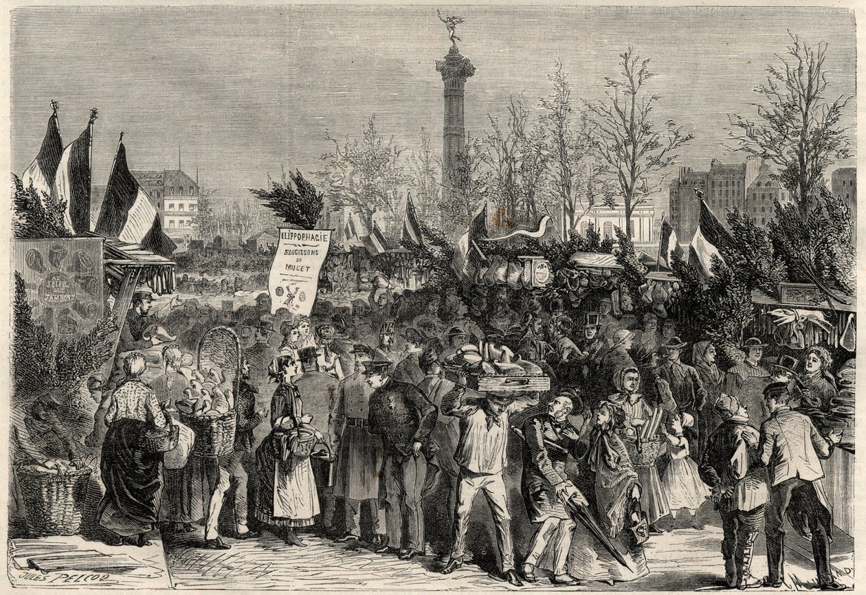 Kinkkumessut, Boulevard Bourdon Pariisin 4. kaupunginosassa lähellä Place de la Bastillea. Kyltti mainostaa keltinlihaa (hyperfagia). Kaiverrus kirjaan "The Universe Illustrious" tekijältä Unknown artist