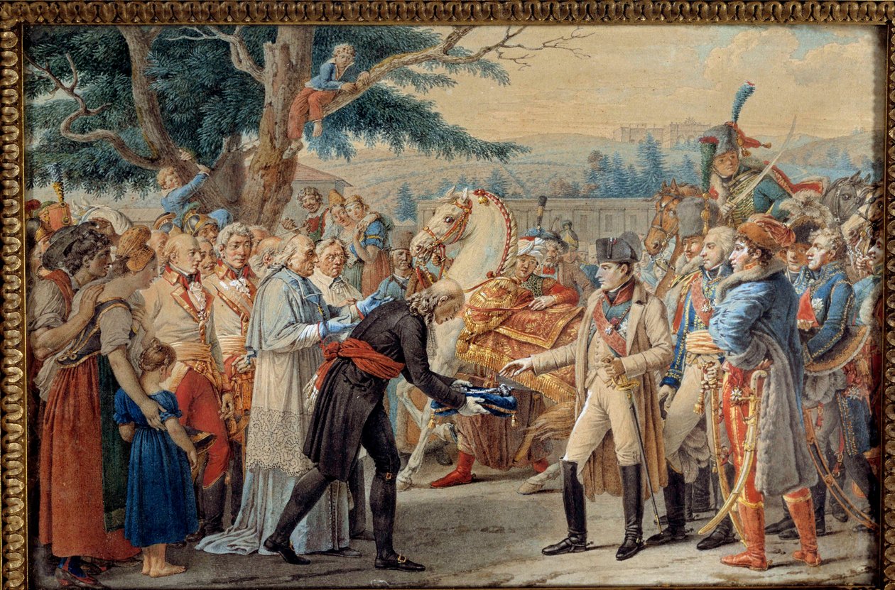 Wienin avainten luovutus Napoleon I:lle (1769-1821) Keisari palasi Itävallan pääkaupunkiin, jonka Fransois II Habsburg jätti autiolle 14.11.1805. 1800-luvun kuvakudos. Ile D