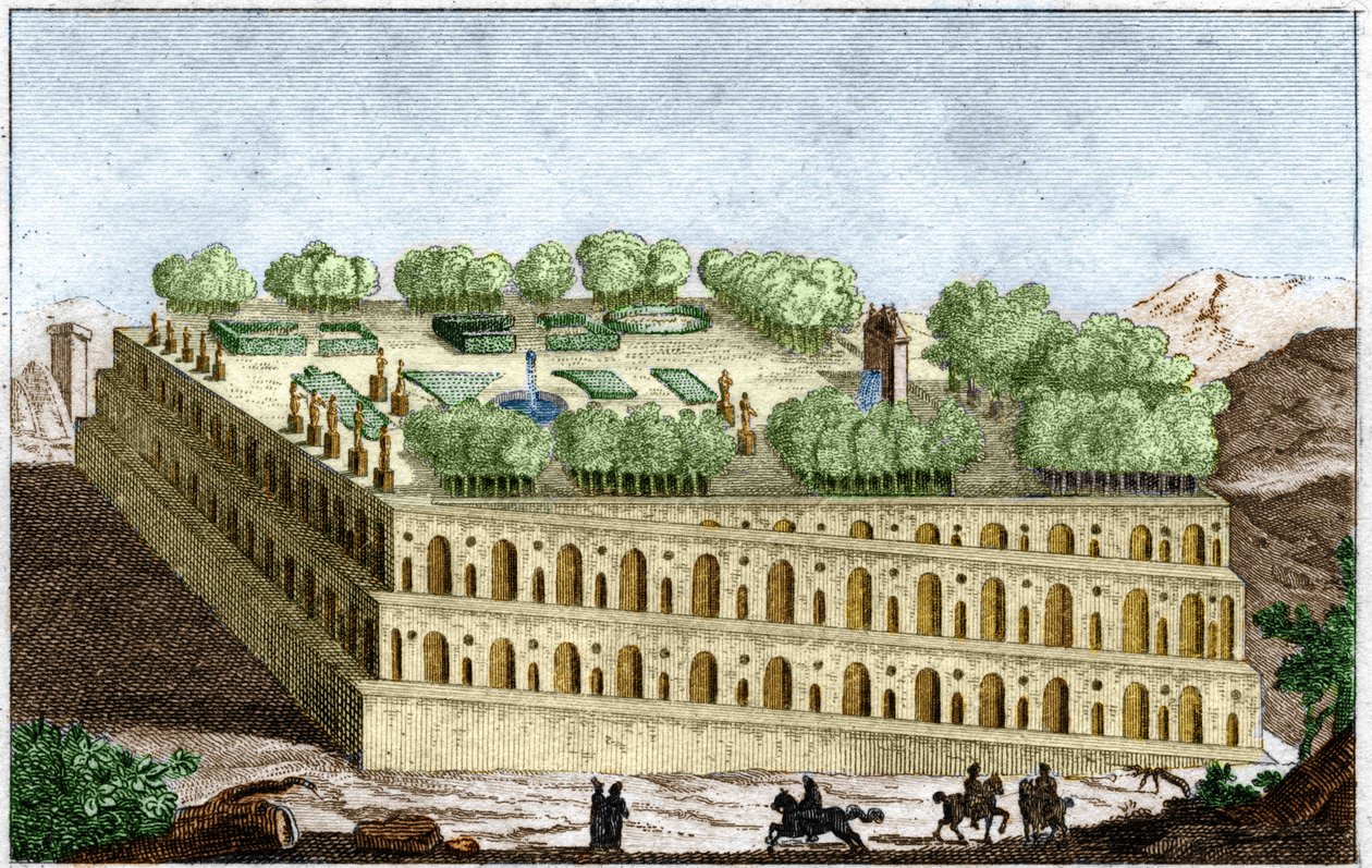 Legendaarisen kuningatar Semiramiksen riippupuutarhat Babylonissa, yksi maailman seitsemästä ihmeestä. Kaiverrus vuodelta 1829 Rollinin "Vanhaan historiaan". tekijältä Unknown artist