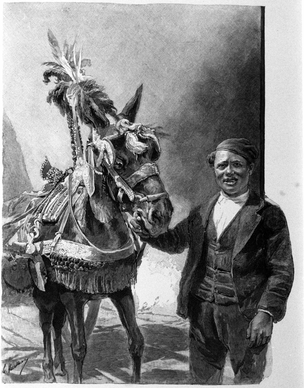 Sisilian tankkien aasin valjaat perinteisten juhlien aikana. Kaiverrus 1800-luvulta tekijältä Unknown artist