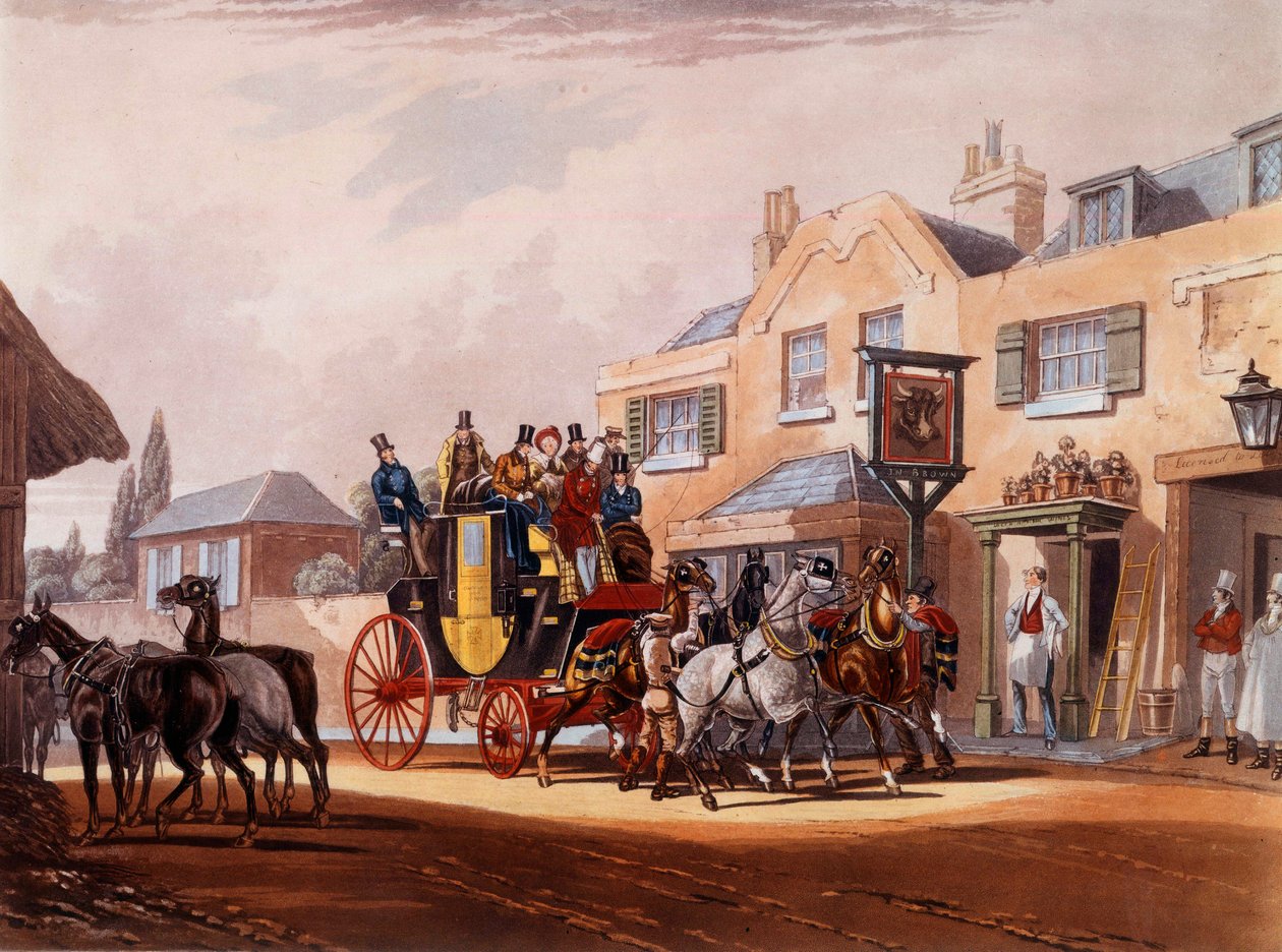 Ahkeruuden hevosviesti majatalon pysähdyksen aikana. 1800-luvun yksityiskokoelman vedoksia tekijältä Unknown artist