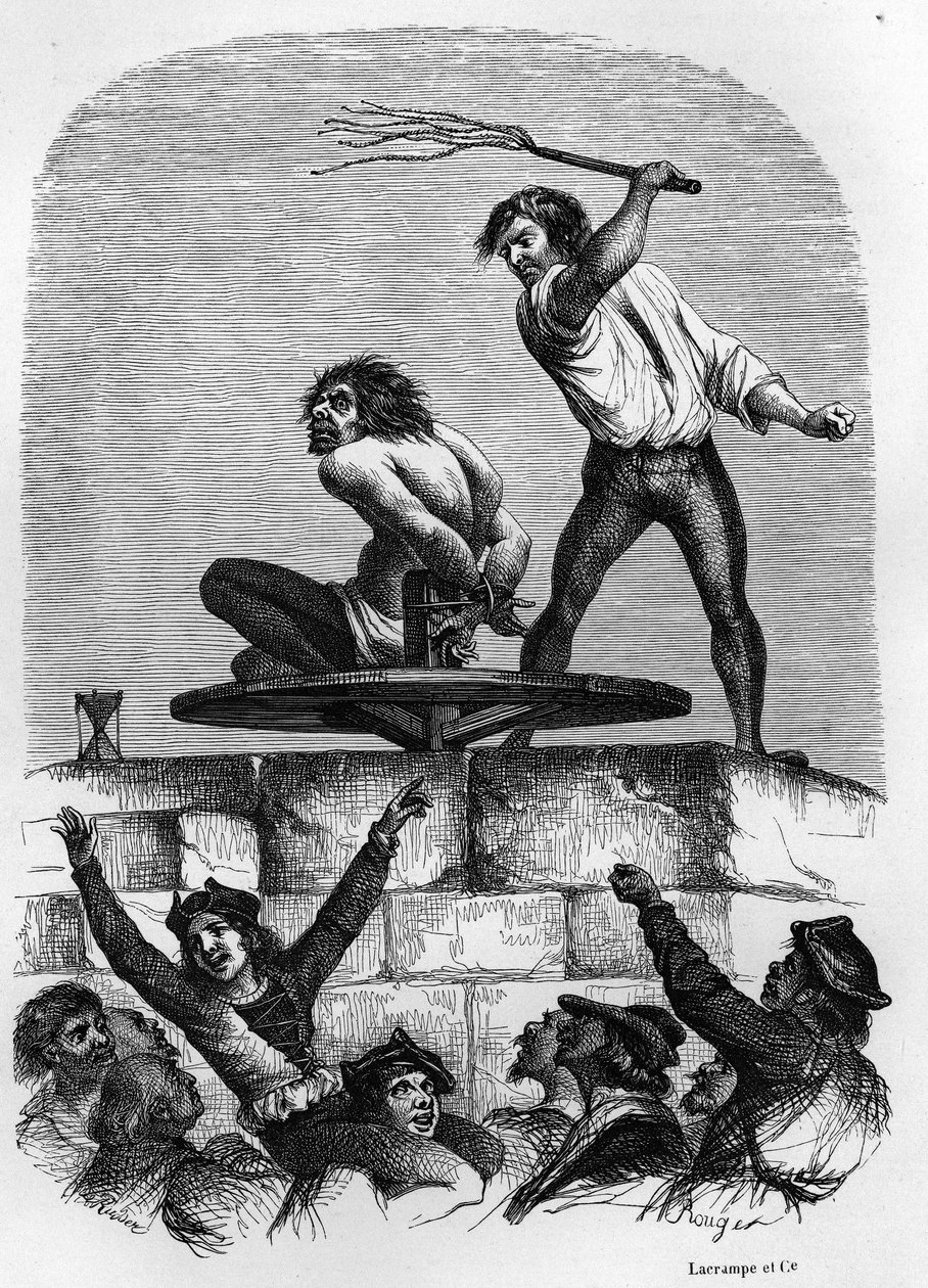 Kyttyräkärkinen Quasimodo Pilorilla. Kuvitus Victor Hugon romaanista "Notre Dame de Paris" vuodelta 1844. tekijältä Unknown artist