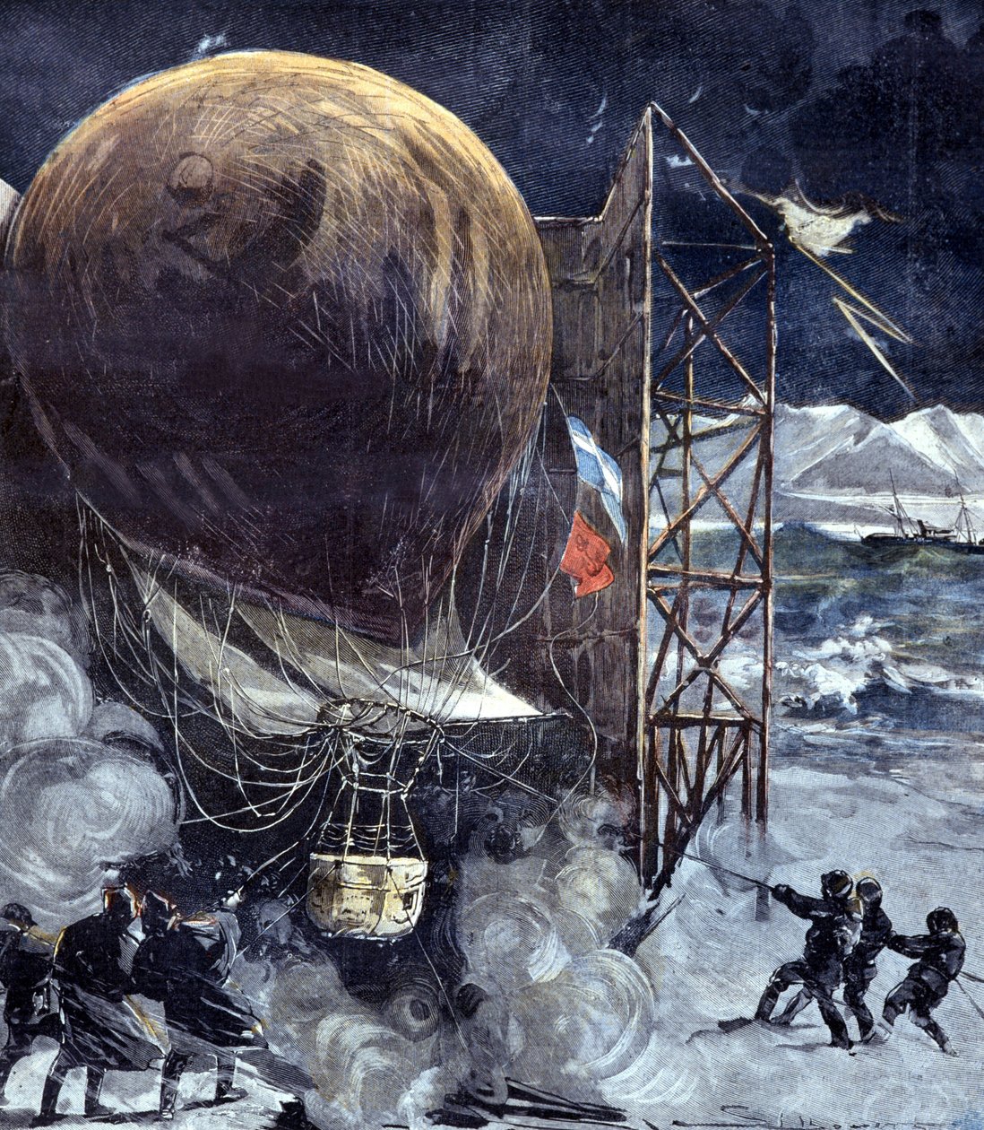 Ruotsalaisen insinöörin Solomon Andréen (1854 - 1897) vetypallo Oernen (Aquila) lumimyrskyn aikana Tanskan saarella, vähän ennen lähtöä pohjoisnavalle, retkikunta, joka katoaa. 1897 tekijältä Unknown artist